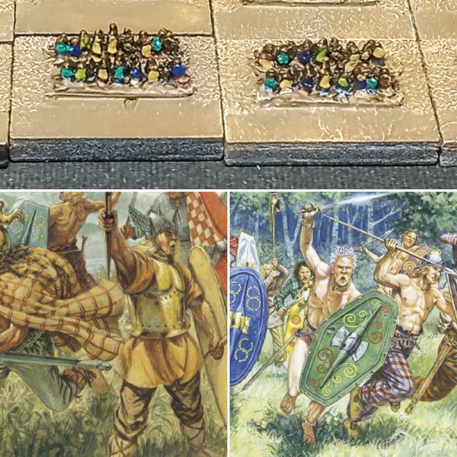 Three images: the top image is a photo of 2mm scale miniatures painted in browns, grays, blues, and greens. The bottom two images are illustrations of ancient Gallic warriors.