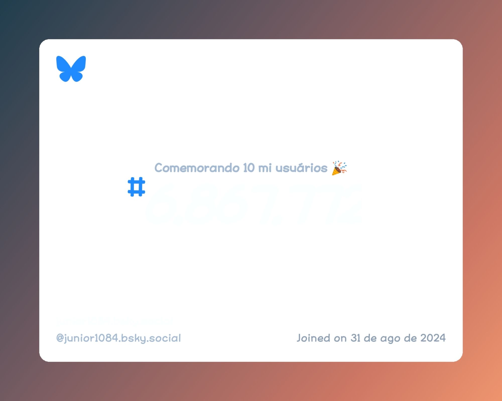 Um certificado virtual com o texto "Comemorando 10 milhões de usuários no Bluesky, #6.867.772, junior1084.bsky.social ‪@junior1084.bsky.social‬, ingressou em 31 de ago de 2024"