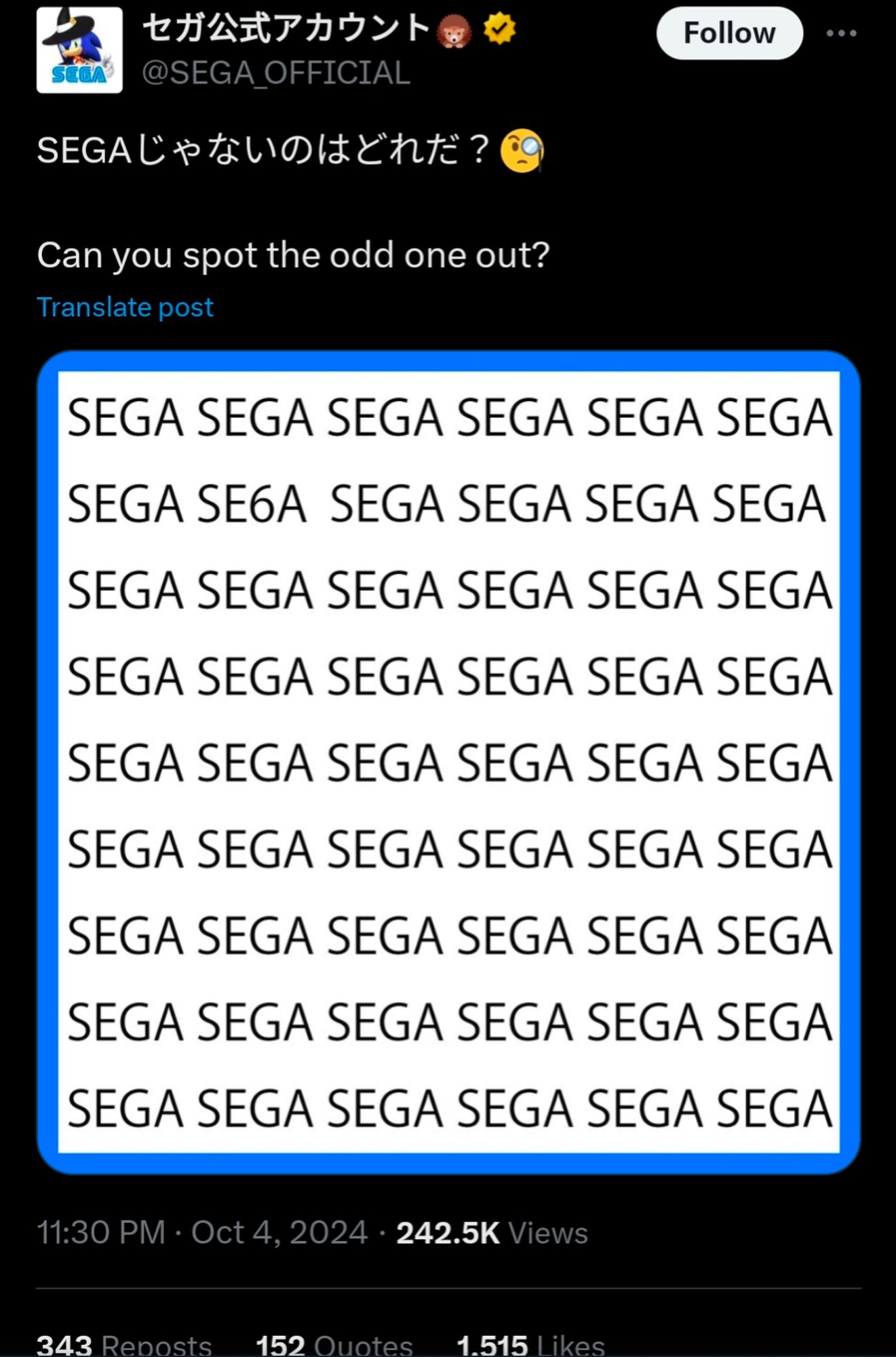 Sega on Twitter teasing something with a 6.