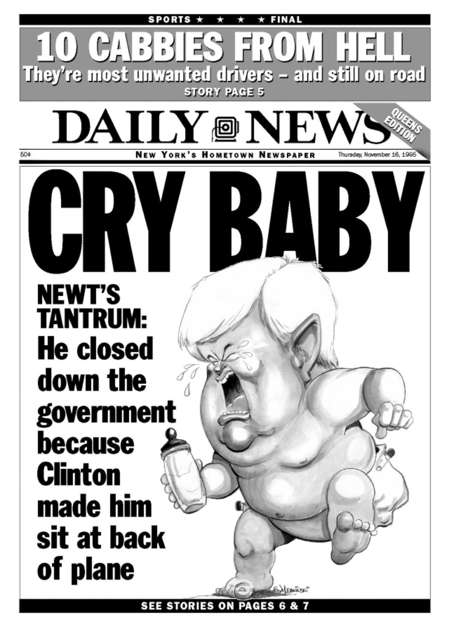 1990s political cartoon of a bawling Gingrich in diapers with the hed “ Cry Baby”