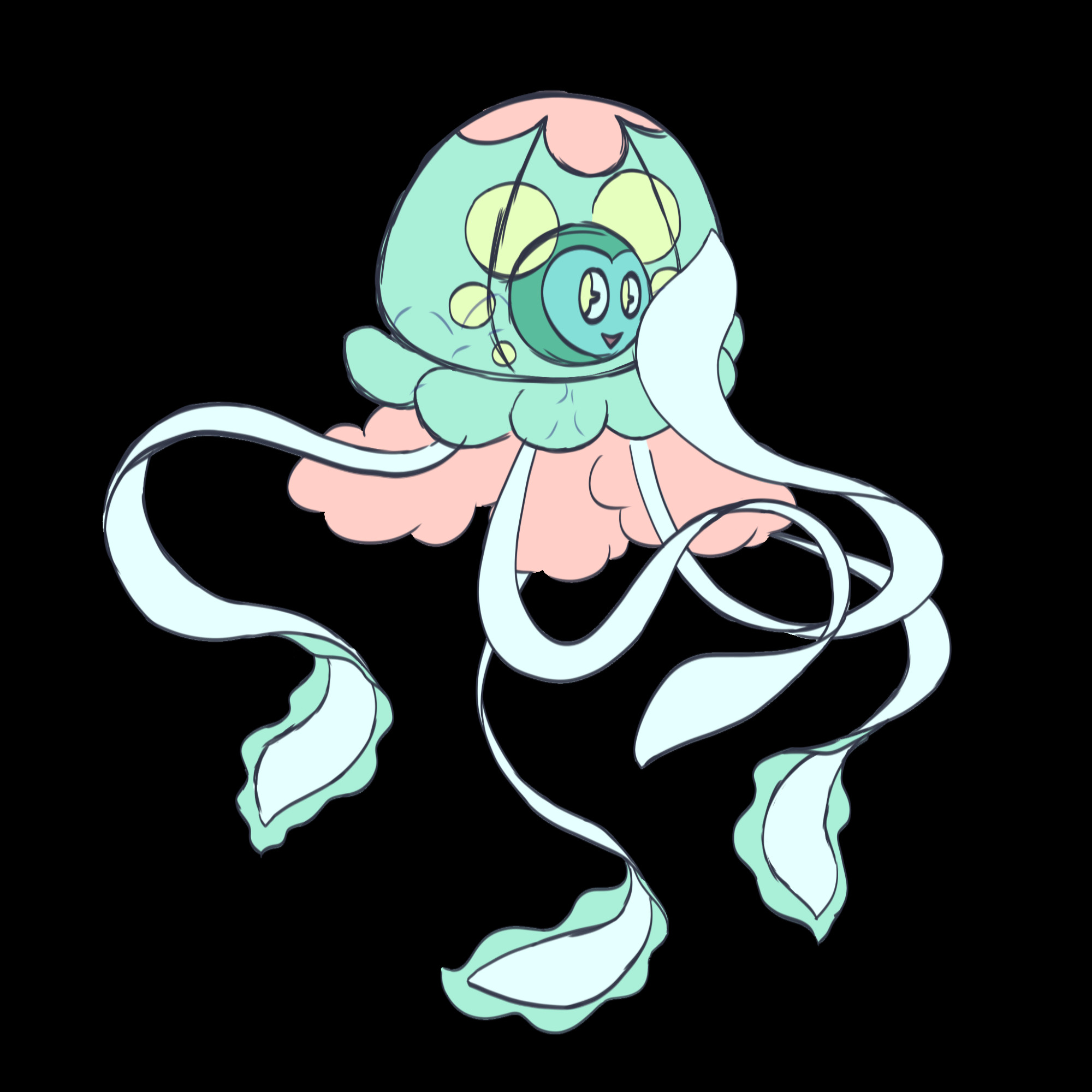 A colored sketch of a jellyfish. Its face is surrounded by the jellyfish head with several green bubbles around the face to imply twin tails [in part as a reference to Mimi from Super Paper Mario]. Two of its tentacles are raised in such a way to make it seem like its in a thinking pose.