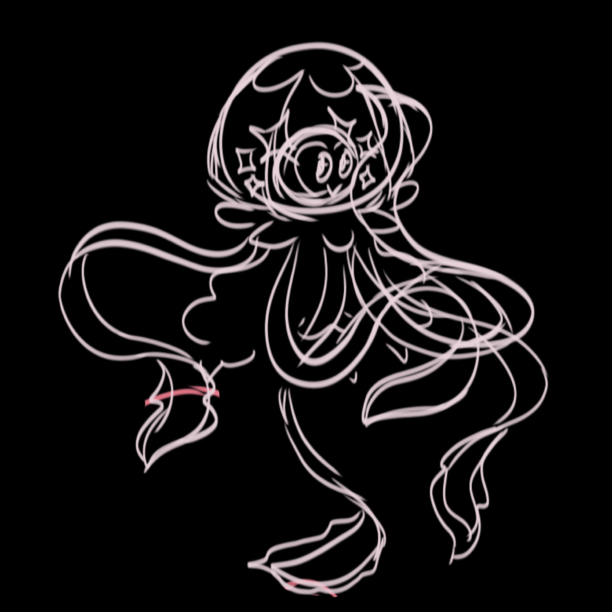 A rough sketch of a jellyfish. Its face is surrounded by the jellyfish head with several stars around the face to imply twin tails. Two of its tentacles are raised in such a way to make it seem like its in a thinking pose.