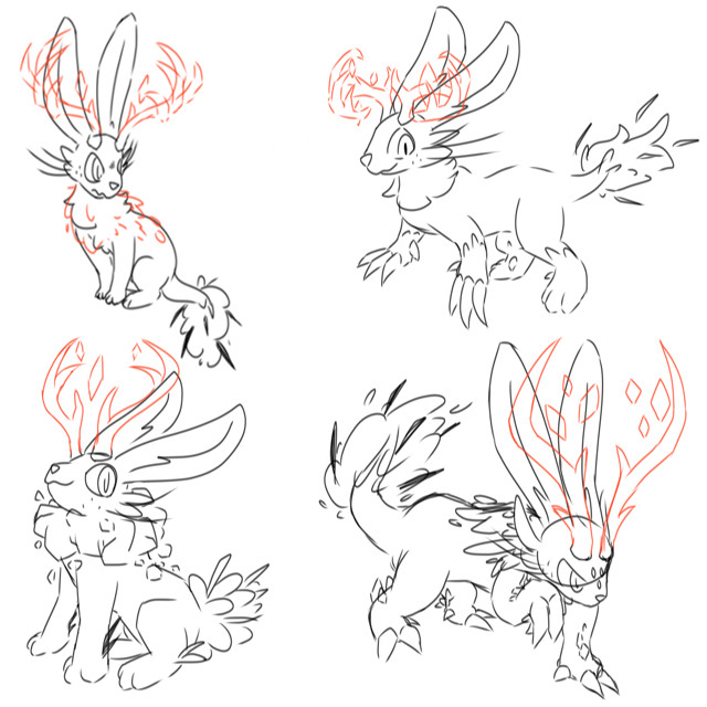 Four different designs of jackalopes. All of them have their horns colored in red with floating gemstones around the antlers and fluffy tails with shards in them.