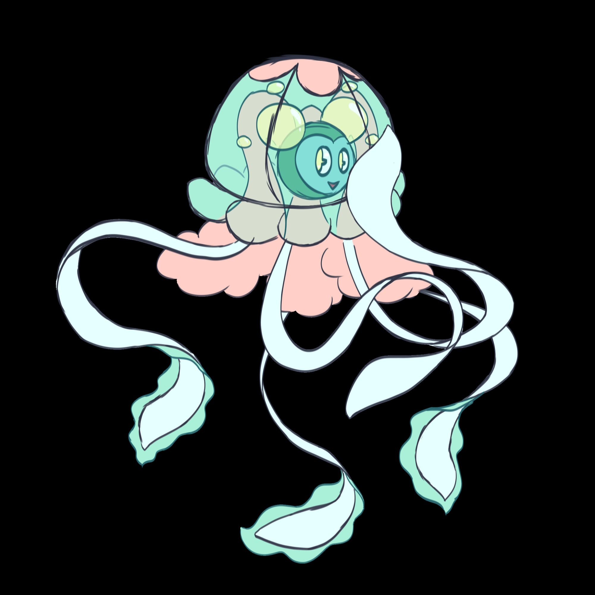 A colored sketch of a jellyfish. Its face is surrounded by the jellyfish head with several green bubbles around the face to imply twin tails along with "hair" on the back of the head that becomes fluffy once it exits the jellyfish head. Two of its tentacles are raised in such a way to make it seem like its in a thinking pose.