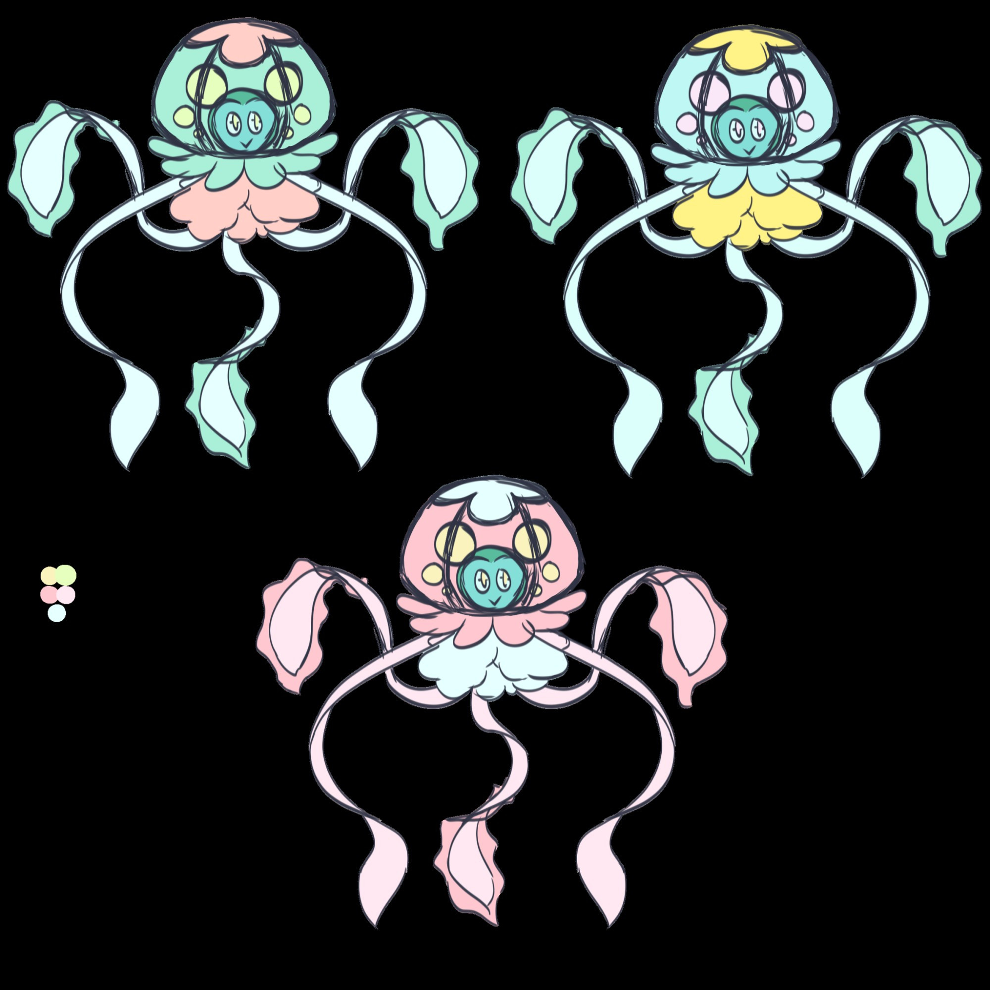 Some rough color ideas for the jellyfish. The top left is mint green/light red/blue white. The top right is light blue/yellow/blue white. The bottom is pink/blue white/pale pink.
All of these colors were inspired from those colored prawn crackers.