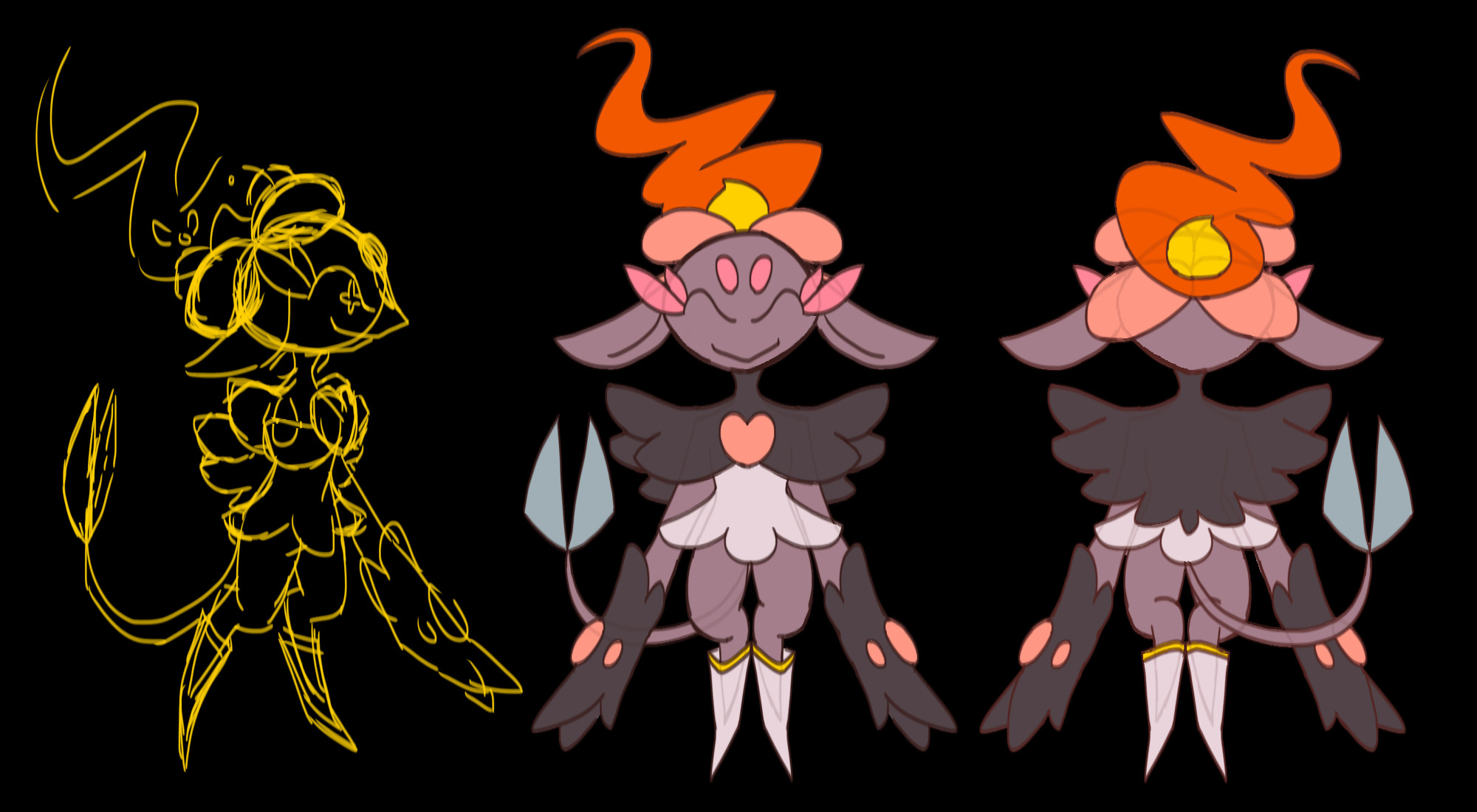 A rough turn around of an imp like creature (CAP 32).
The left is a side profile one sketched in yellow and has no color. The middle is a front facing profile and last is a profile from the back.