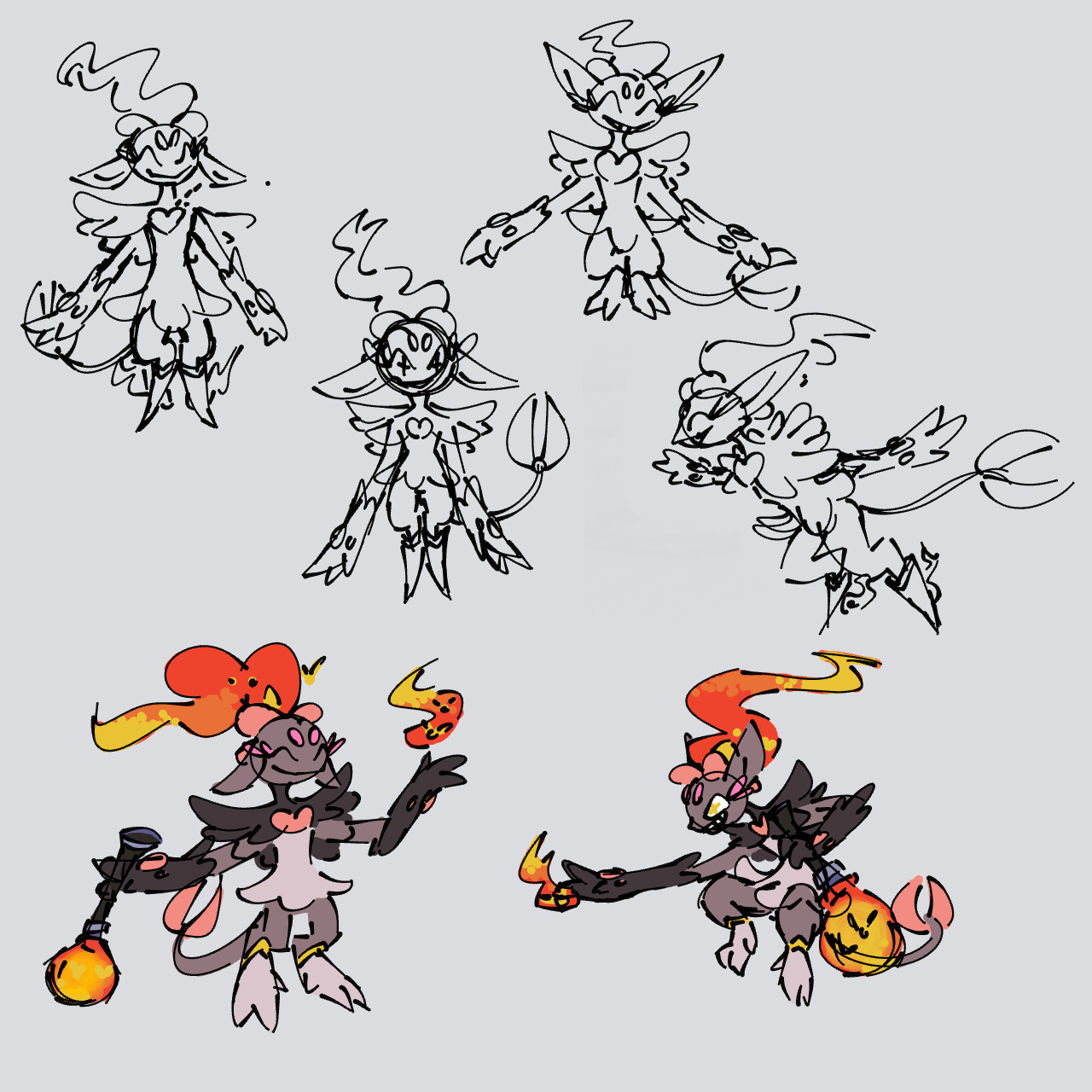 A collection of doodles of the CAP 32 design. All of them have varying proportions and poses.
The two colored doodles show holding a fireball in one hand.