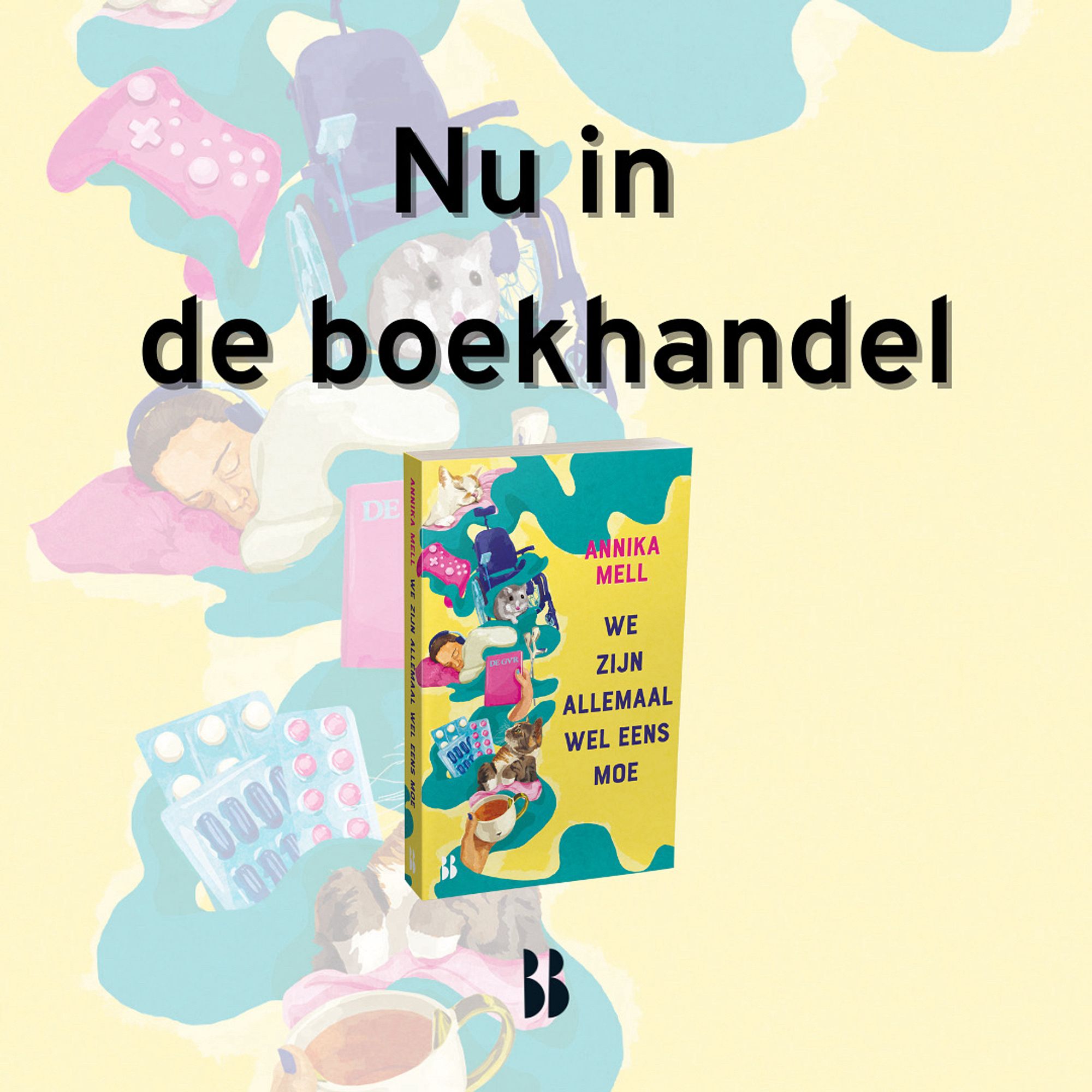 Digitale afbeelding. Een heel boek met daarboven de tekst ‘nu in de boekhandel’