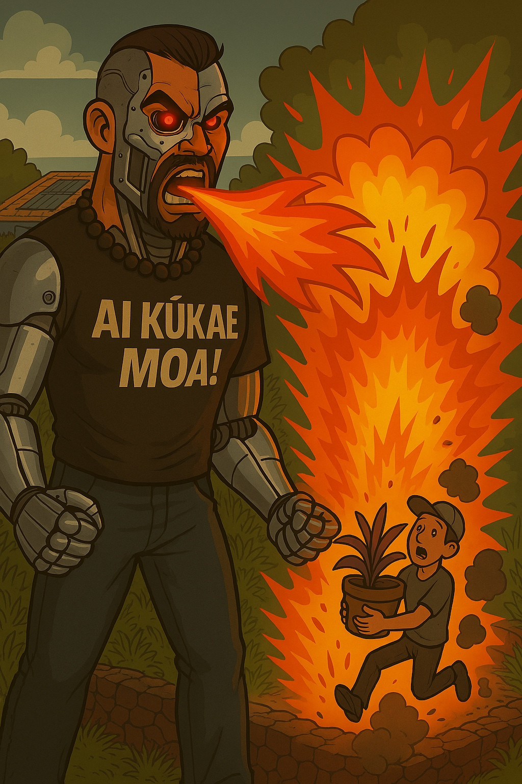 Guy with flames coming out of his mouth and a shirt that says AI KUKAE MOA