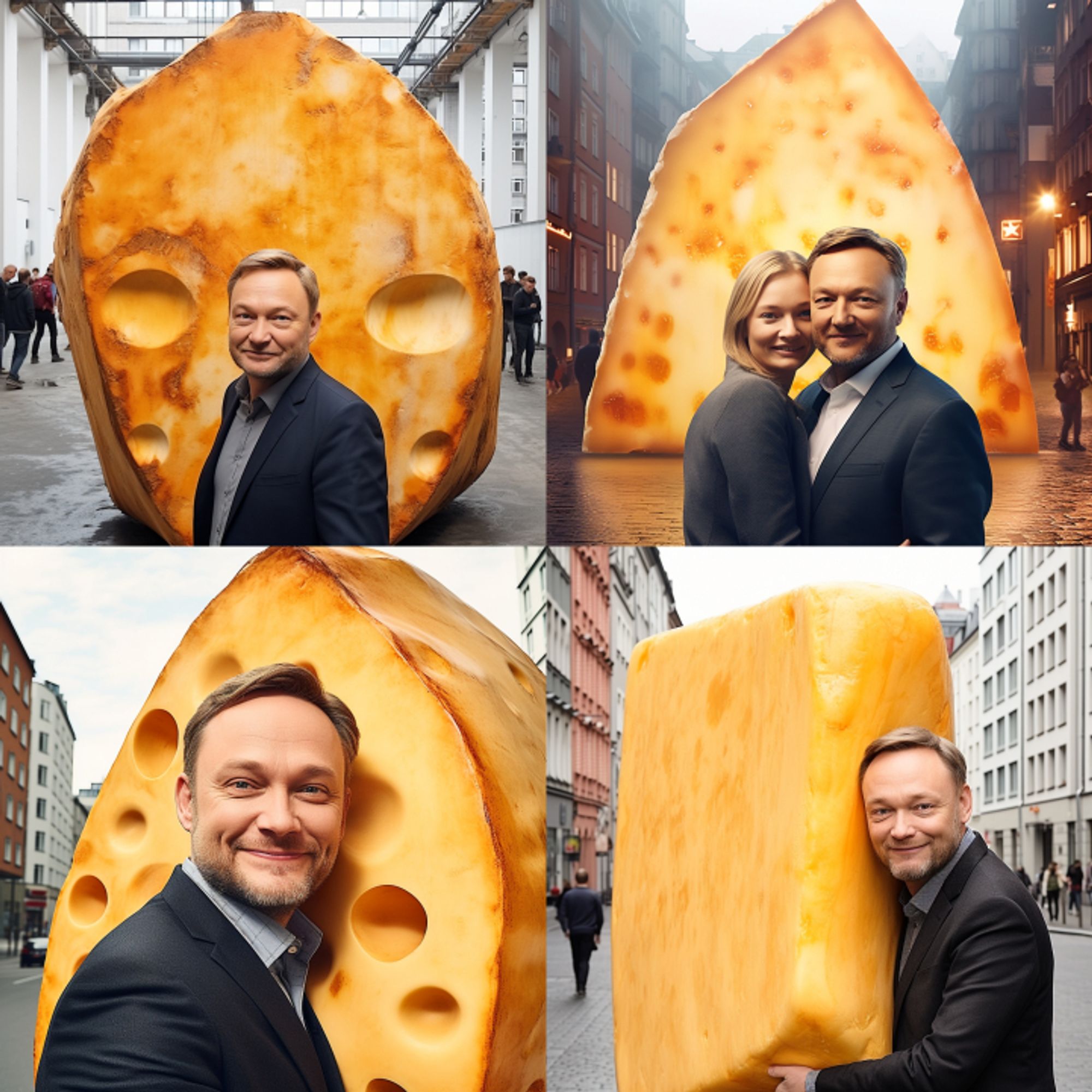 midjourney interpretiert meinen wunsch:
"german financeminister christian lindner hugs a very huge german harzer cheese" völlig falsch. 

sad.