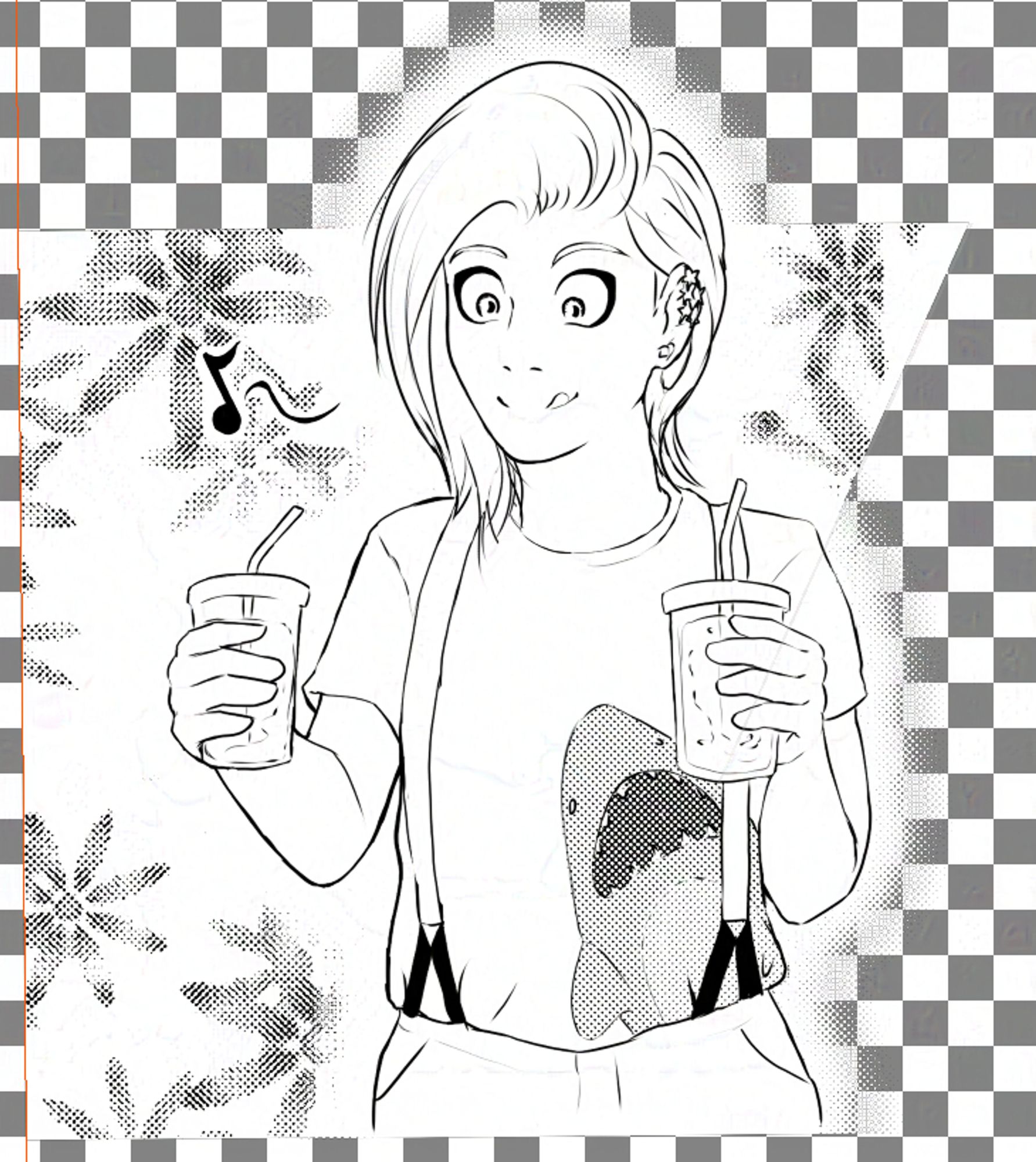 Black and white panel from my comic Doctor Who: Pertinacia. The thirteenth Doctor is carrying two lidded cups with straws, one in each hand, containing a translucent liquid. She's looking at them with a big smile on her face, licking her lips in anticipation. Instead of her usual rainbow, her shirt has a shark on it. The background is stylised flowers, expressing the happy feel of the scene.
Those cups and straws are obviously biodegradable within a day of being discarded - this is science fiction after all.