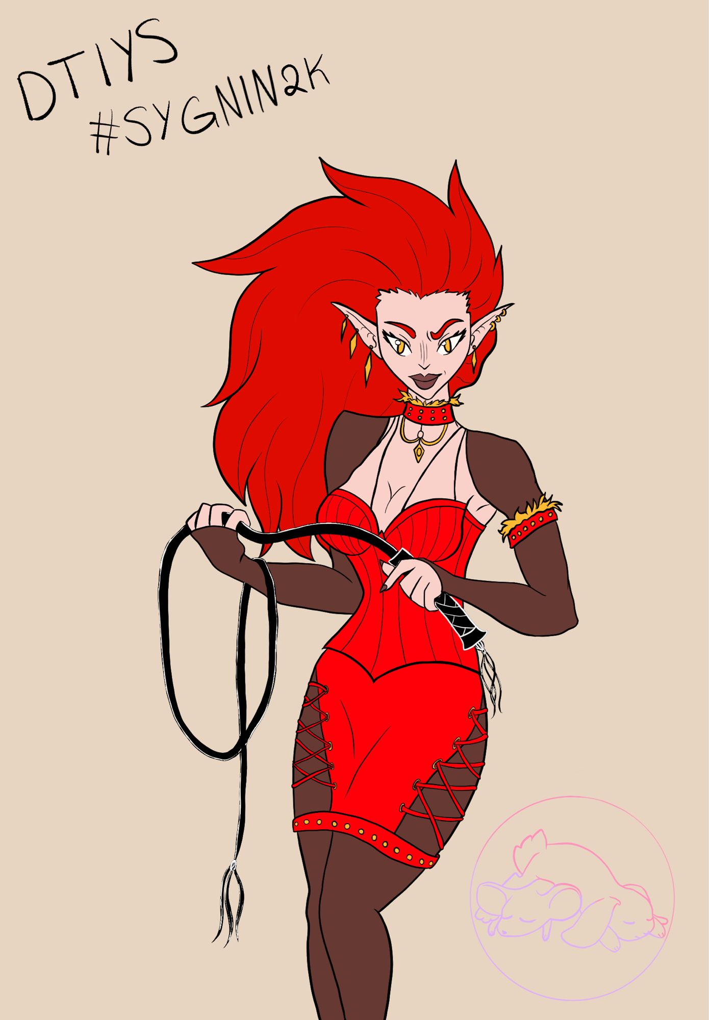 An image of a woman holding a whip and looking sassily at the camera. she wears a tight corsetted outfit with a laced skirt that has cut outs on the sides. Her hair and corset are a bright firey red, paired with black accents in her tights, arm coverings and whip. Flat colours by Bun