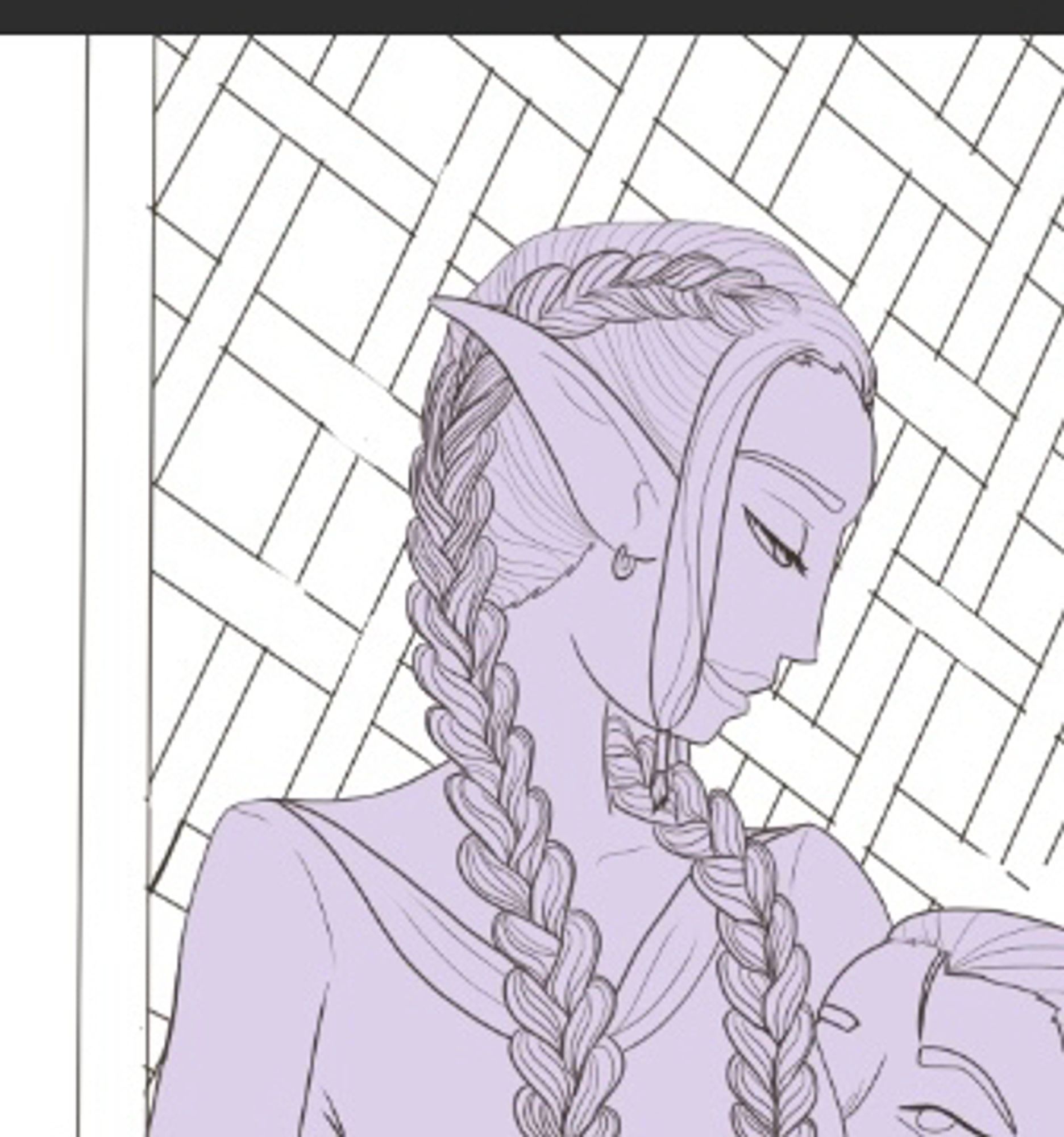 Line art of a dunmer (dark elf) woman looking to her left in profile view. She has long hair in two braids.