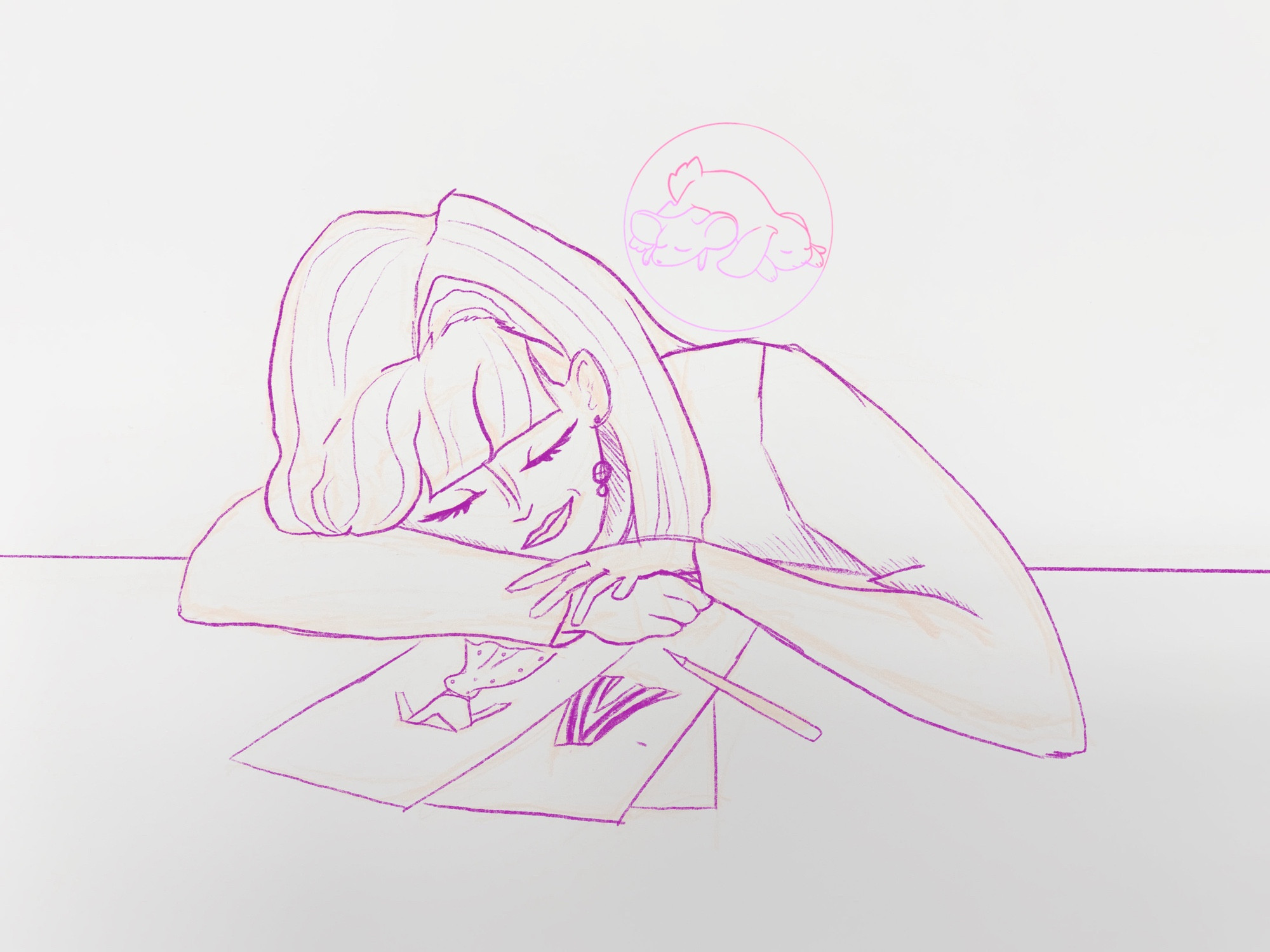 A sketch of a woman sleeping on her arm on a table, leaning over her fashion sketches. She has a soft smile on her face.