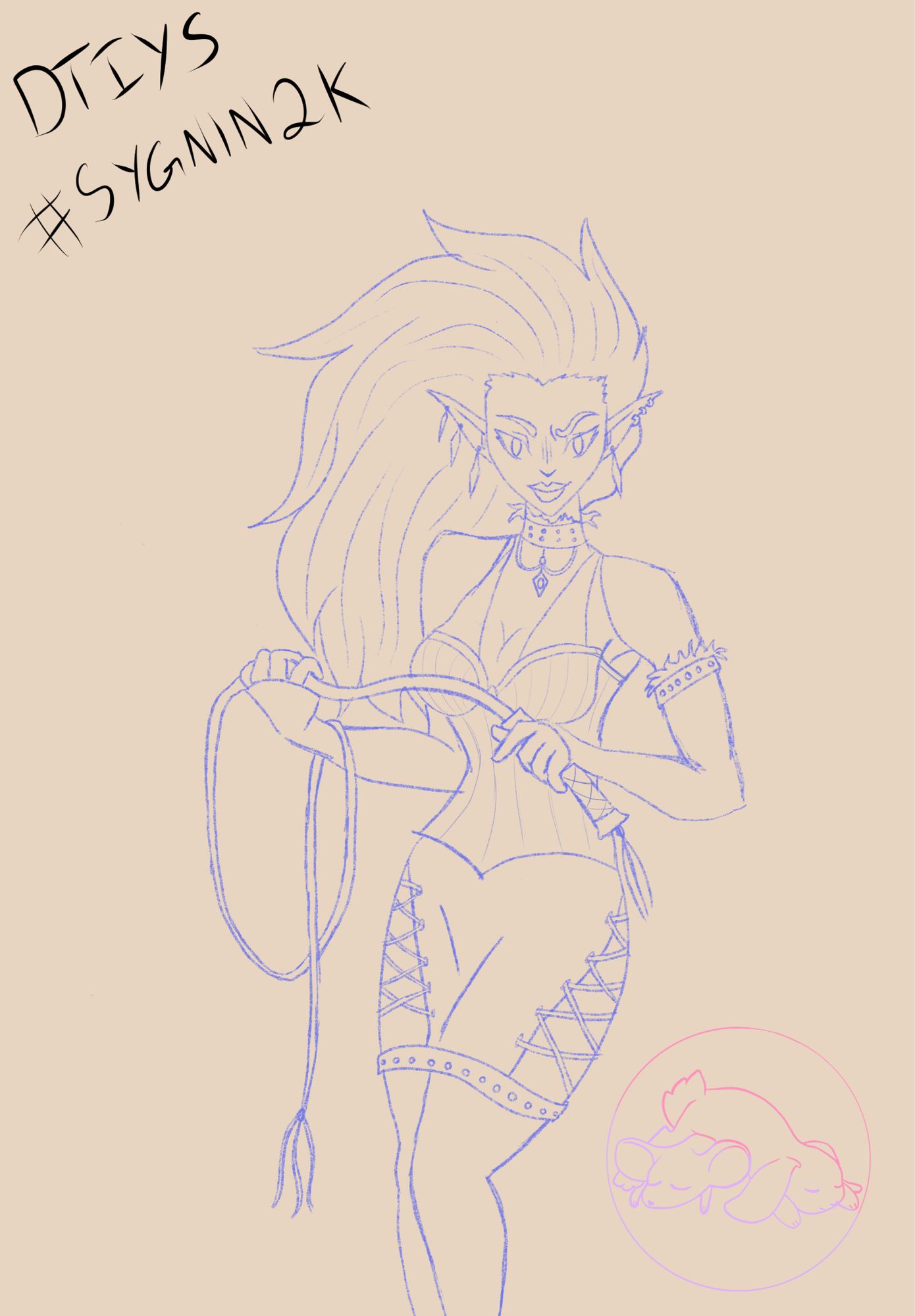 Sketch of a woman holding a whip and looking sassily at the camera. she wears a tight corsetted outfit with a laced skirt that has cut outs on the sides. Clean up sketch by Bun