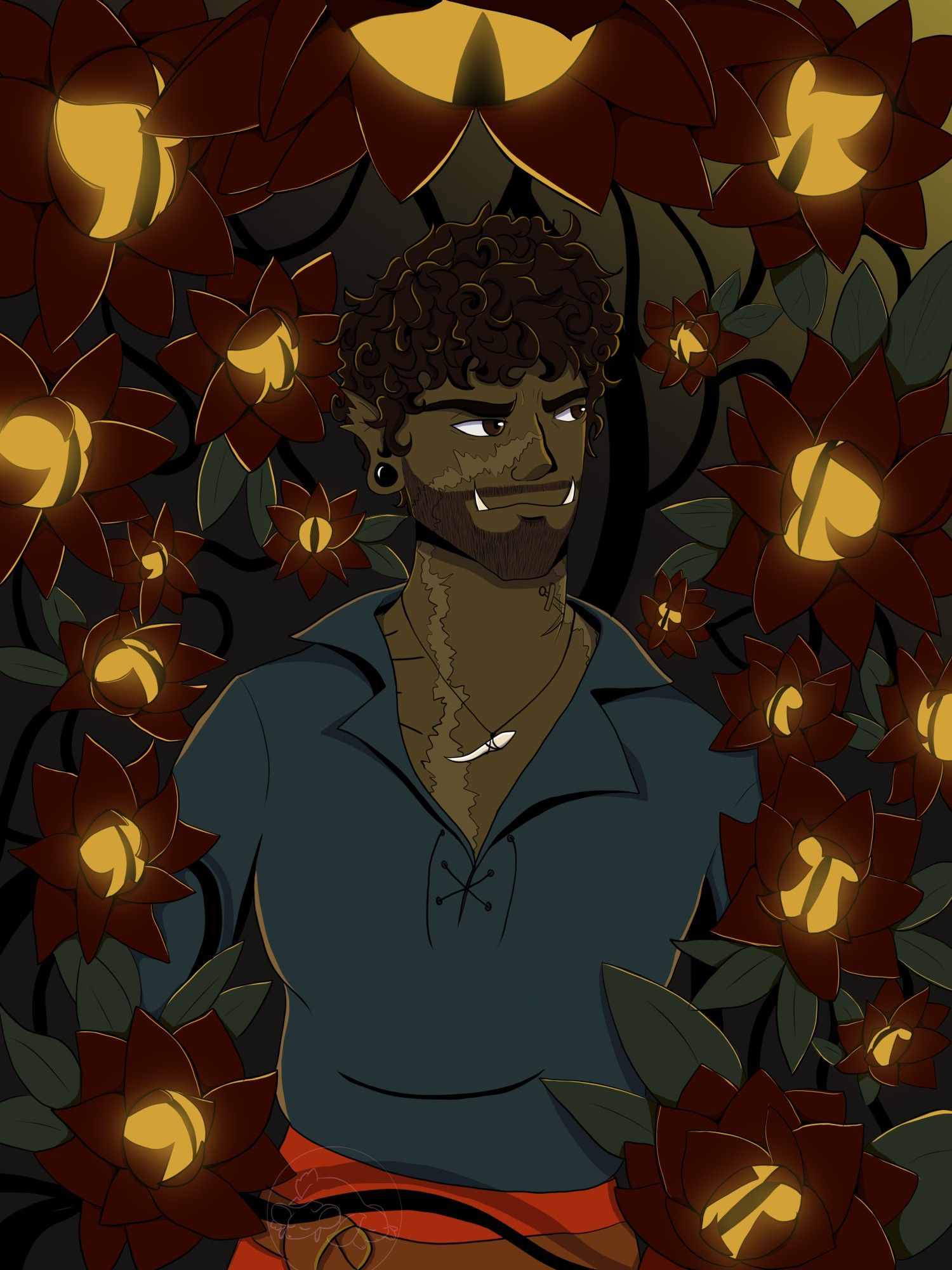 Illustration of an Orc. His hair is brown and curly and he has a short beard. His dark brown eyes gaze seriously at one of the many red flowers that he is surrounded by. All of them having a golden glowing cat eye in the middle and attached together with a dark inky stem. most of which stare at the orc, some stare at the viewer.
The orc is is wearing a blue low cut tunic. It shows a large scar that runs from his noes, down his neck and across his chest. He has a necklace with a creature tooth on it and some visible tattoos. By sleepyduo