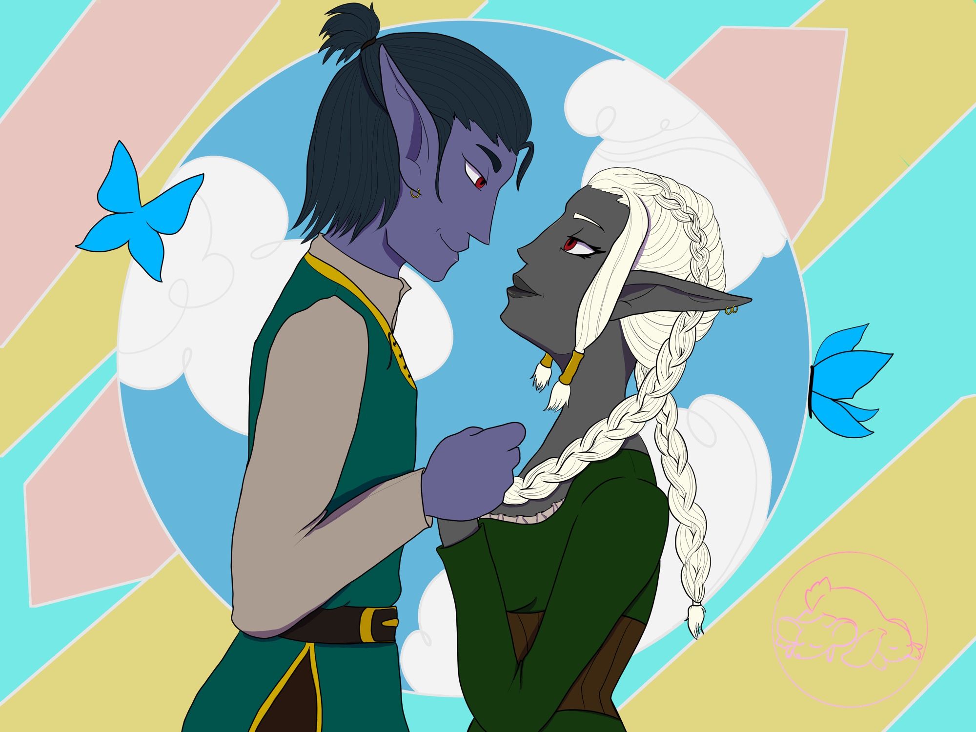 Two dunmer (dark elves) looking into each other’s eyes lovingly and holding hands. The male on the left has red eyes and purplish skin. His hair is black and shoulder length. Part of it is up in a short ponytail. He wears a green tunic. The woman, on the right, has red eyes and dark grey skin. Her long white hair is tied in two Dutch braids with some loose pieces that hang by her face and have small decorative ties at the end. They couple is standing in front of a blue sky with two blue butterflies flying around them. # OCskyButterflies #sleepyduoart