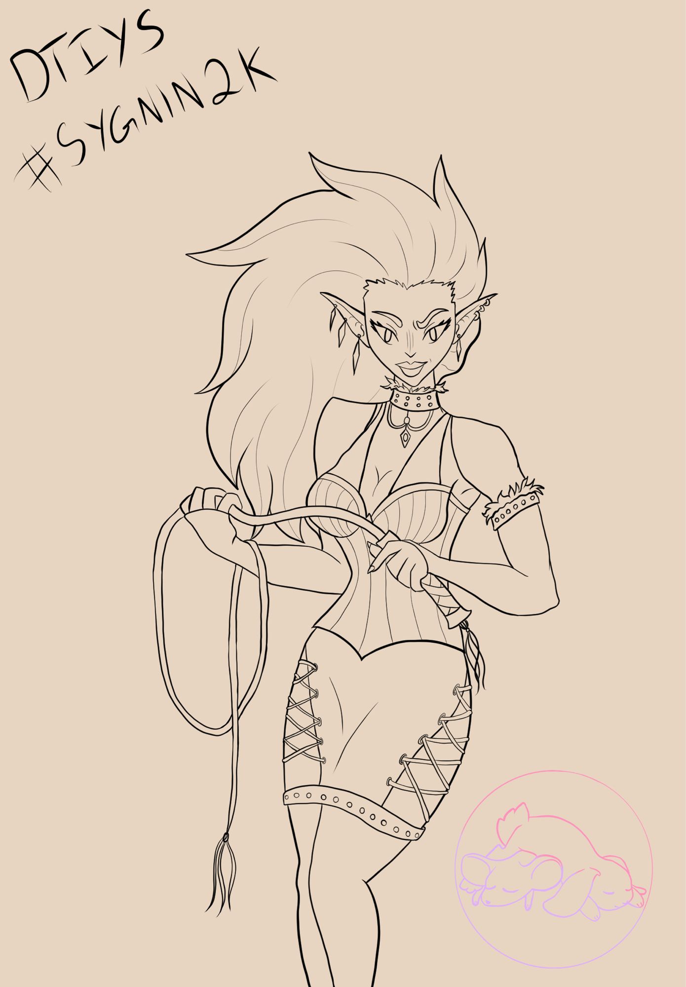 Lineart of a woman holding a whip and looking sassily at the camera. she wears a tight corsetted outfit with a laced skirt that has cut outs on the sides. Line art by Mouse