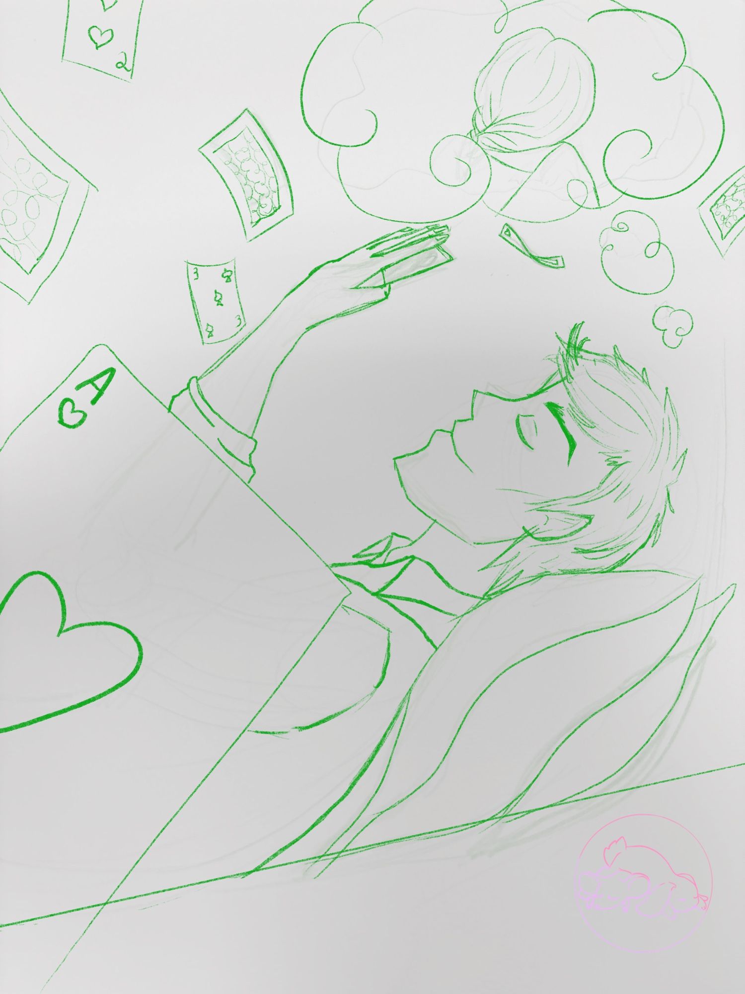 Sketch of a man, relaxing against a pile of pillows. He eyes are closed and he is day dreaming about a girl who can only be seen from behind. Playing Cards fly all around him.