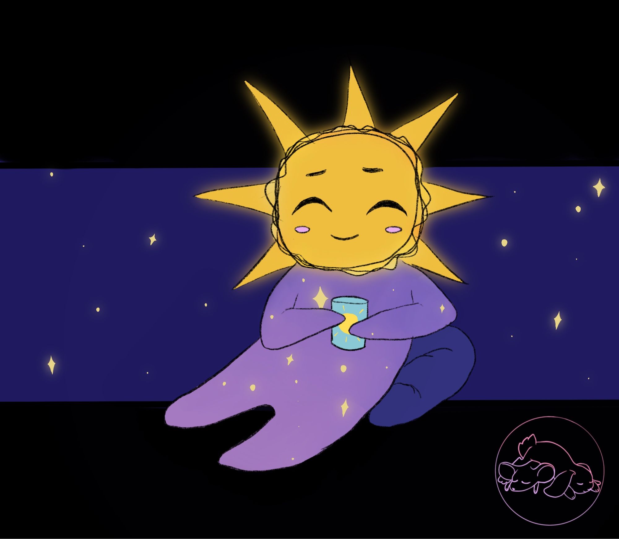 A little space being with a sun head. Relaxing against a pillow and holding a mug. The sun has a closed eye, shy smile.