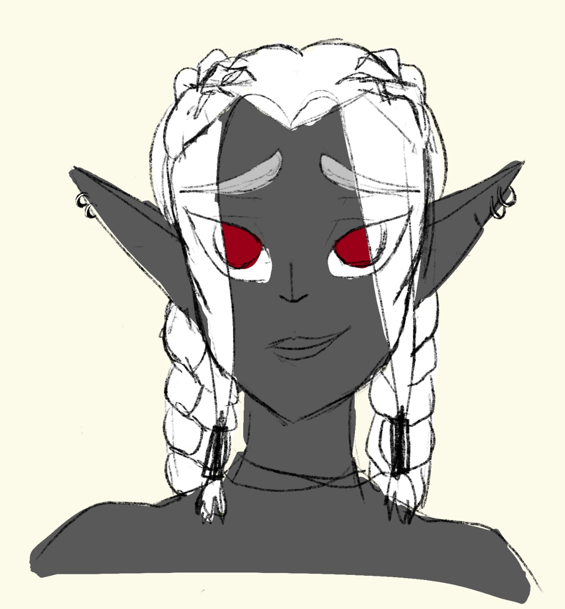 Portrait Sketch of a dunmer (dark elf) woman. Smiling at the viewer. She has white hair, dark grey skin and red eyes. Her hair is in two Dutch braids with a couple loose piece that hang by her face.