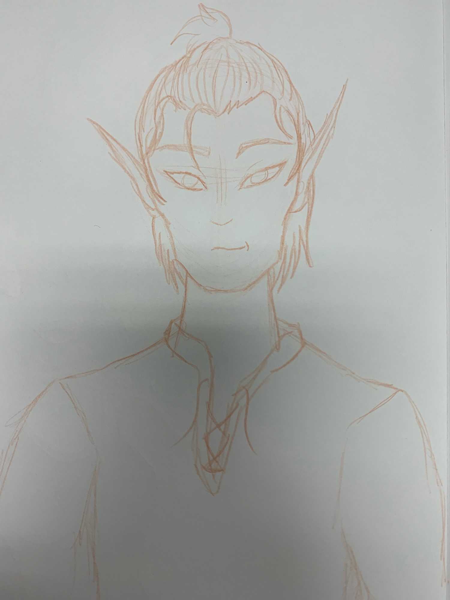 Sketch of a masculine elf looking at the camera with a big of a side smile