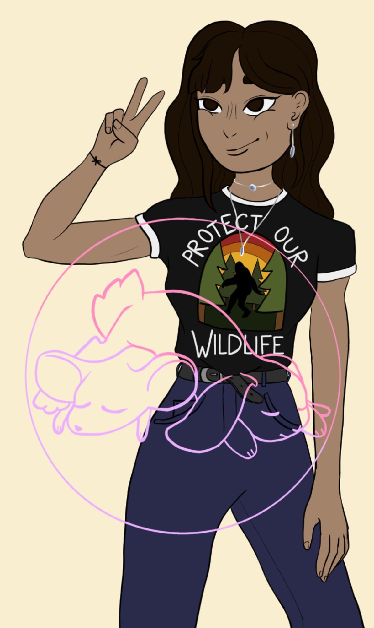 Artwork of a girl, from the thighs up. She’s smiling and making a peace sign with her hands. She is wearing silver and blue jewlery, dark blue jeans and a black tshirt with a silhouette of big foot that reads “protect our wildlife.”