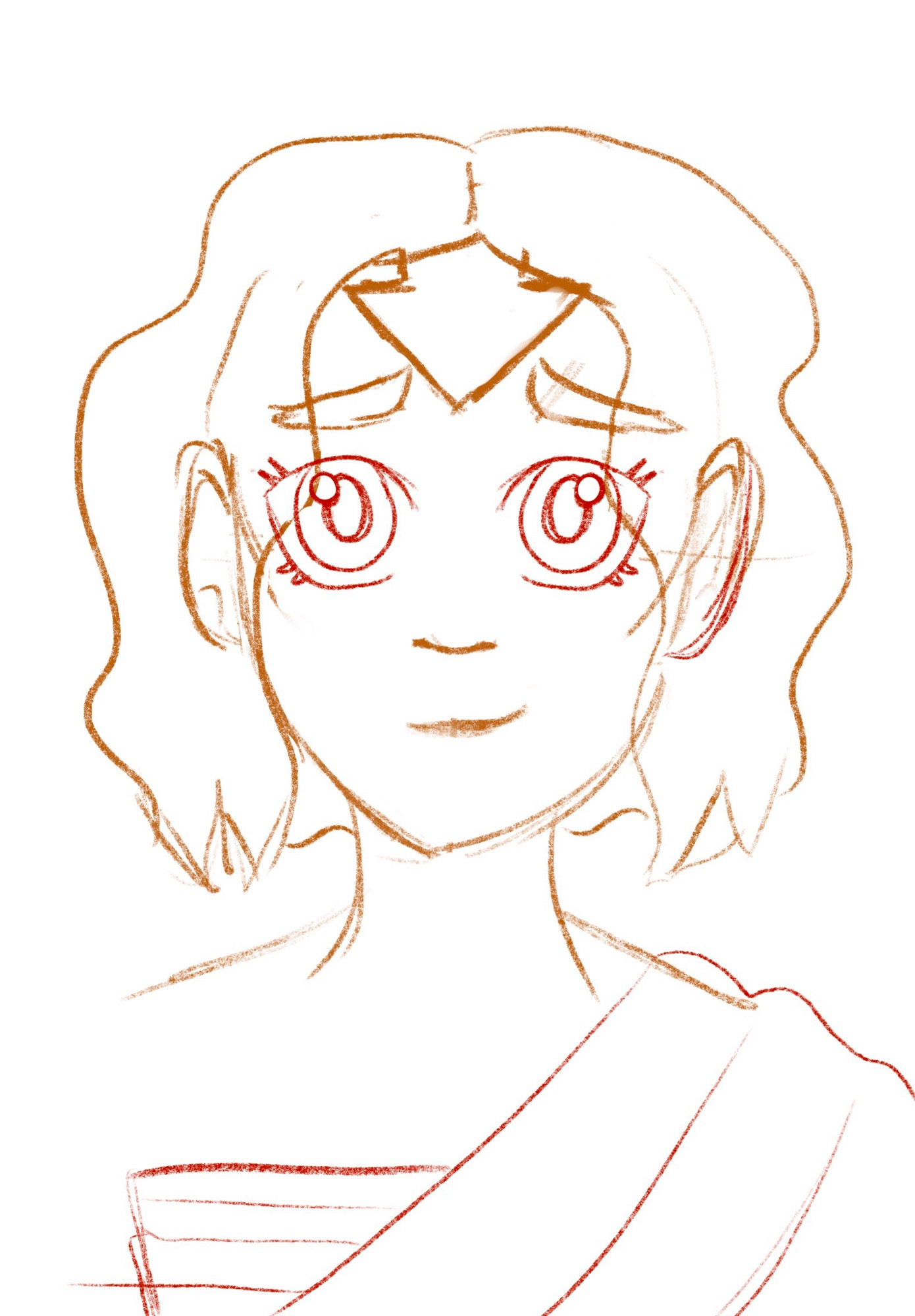 Sketch of a girl with short hair and big eyes looking at the camera, she has an arrow tattoo on her forehead. She is smiling gently