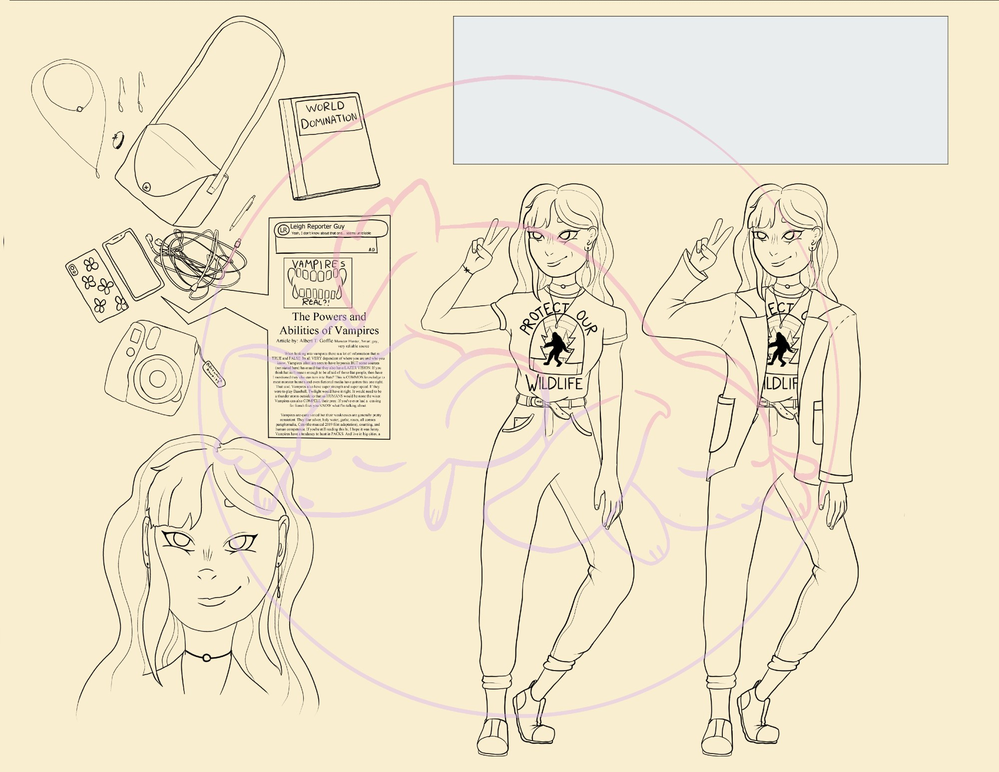 A character sheet of a woman, showcasing her outfit with us a tshirt that reads “protect our wildlife” and has a silhouette of Bigfoot. She has some loose jeans on. The second (right side) image of her outfit also shows off a large jacket that she wears over the ensemble. To the left of both sketches of her are small sketches of her purse, phone, jewelry and note book and many other items she carries. There is also a close up of her face, smiling at the camera. A WIP by sleepyduo