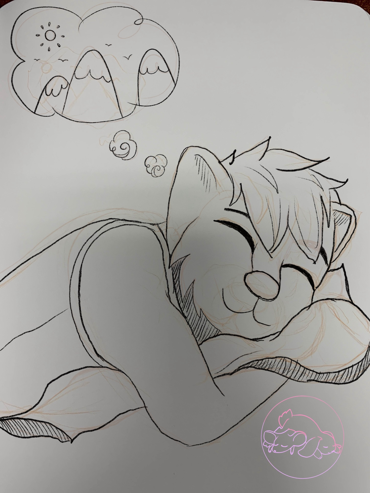 A sketch of a anthropamorphic otter named Moonpaw, sleeping on his stomach hugging his pillow and dreaming of a beautiful mountain scape while he smiles in his sleep. Sketch by Sleepyduo