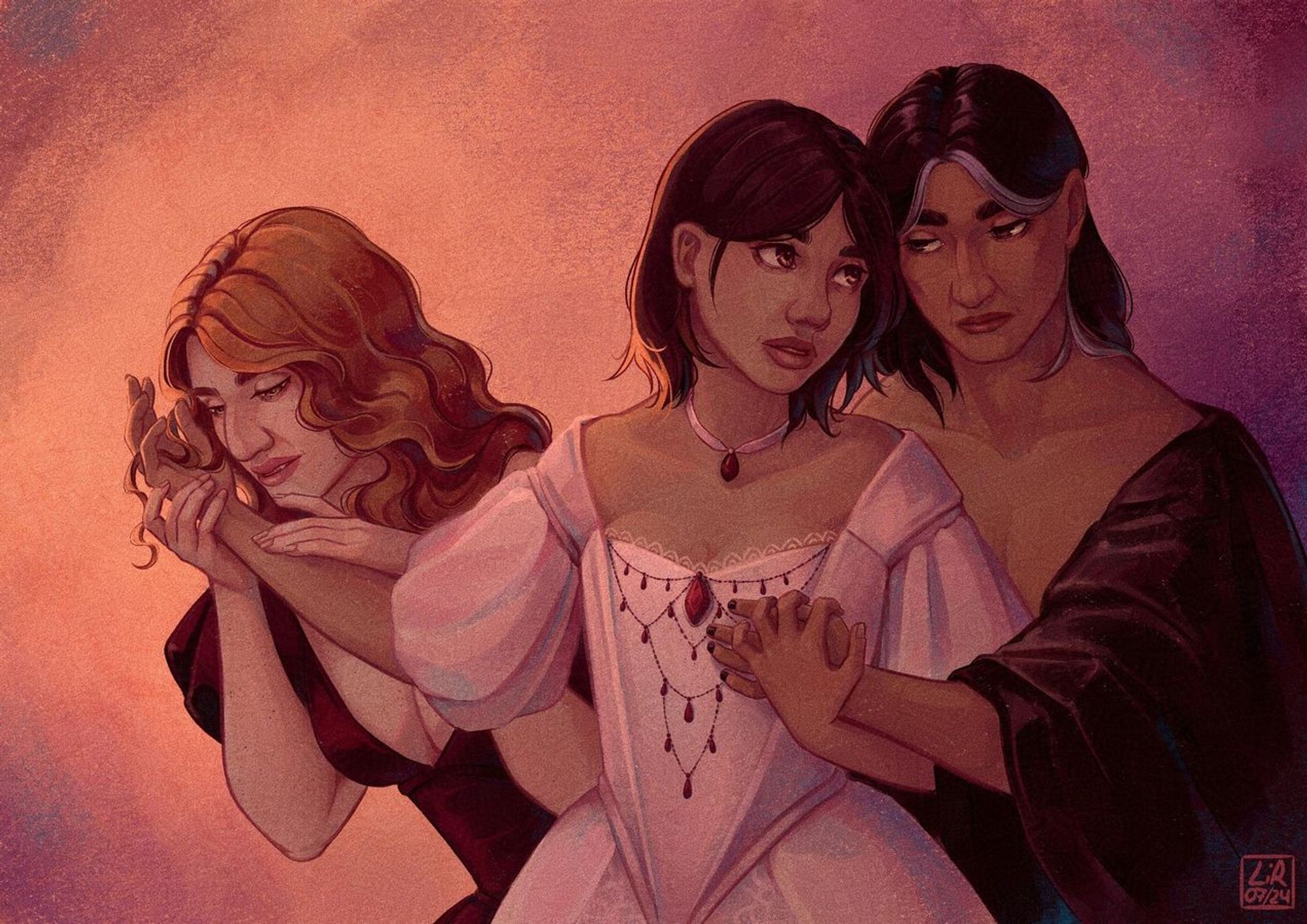 A digital painting of my original characters. Tibra, in the middle, is looking at Avadir, who embraces her from behind. Her left hand is outstretched and being held by Valestre, who is gazing longing at her wrist.