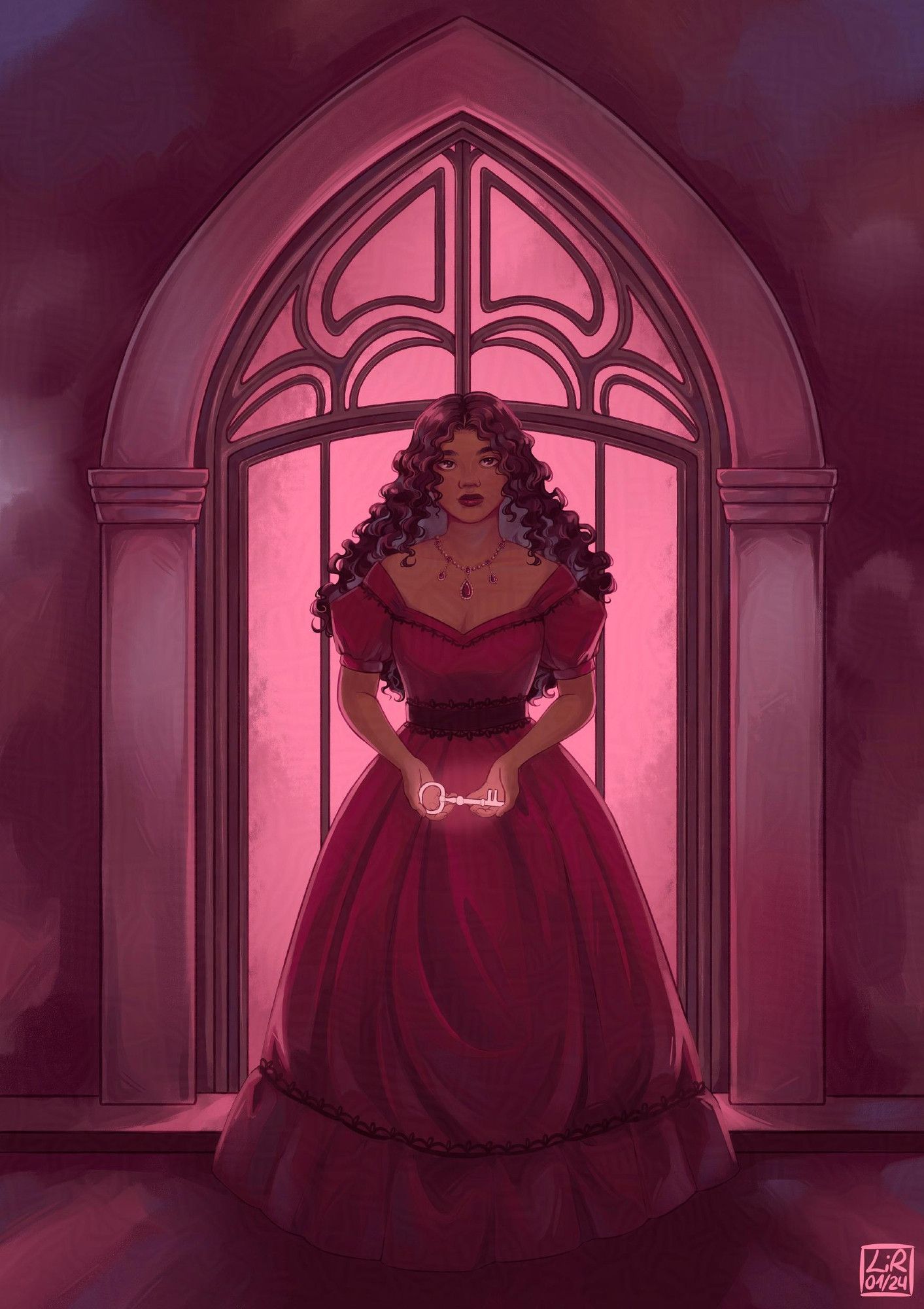 A digital painting of a woman in a red dress. Soft pink light comes through an arch behind her and she is holding a glowing white key in her hands.