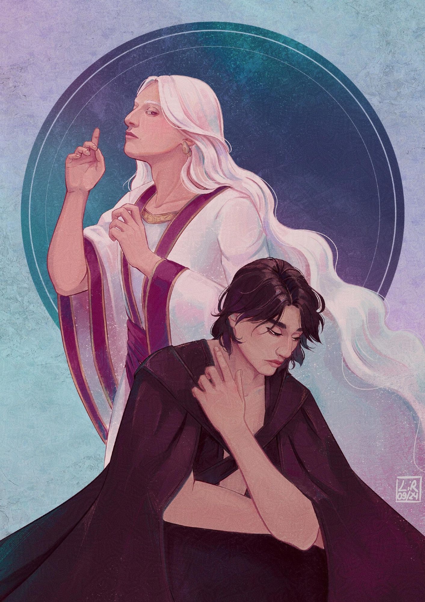 A digital painting of my original characters. Elluin has long white hair and is wearing a white and purple robe. Nima has black hair and is wearing a dark cloak.