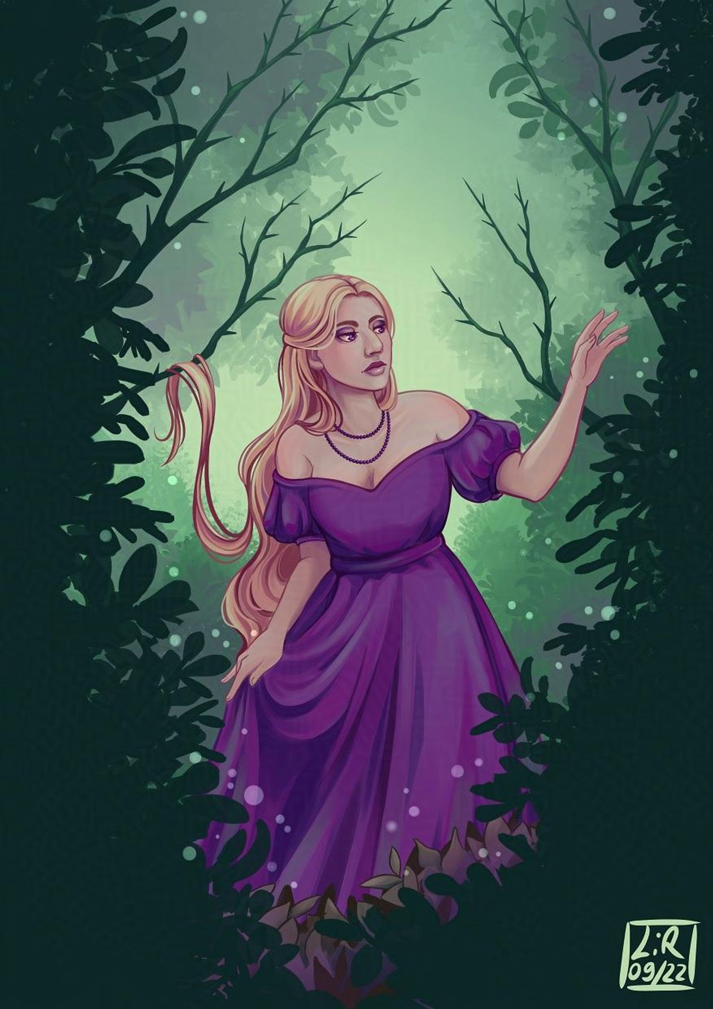 A digital painting of a young blonde woman exploring a Forest. Her long hair is tangled in tree branches and her purple dress contrasts against the greens of the forest.