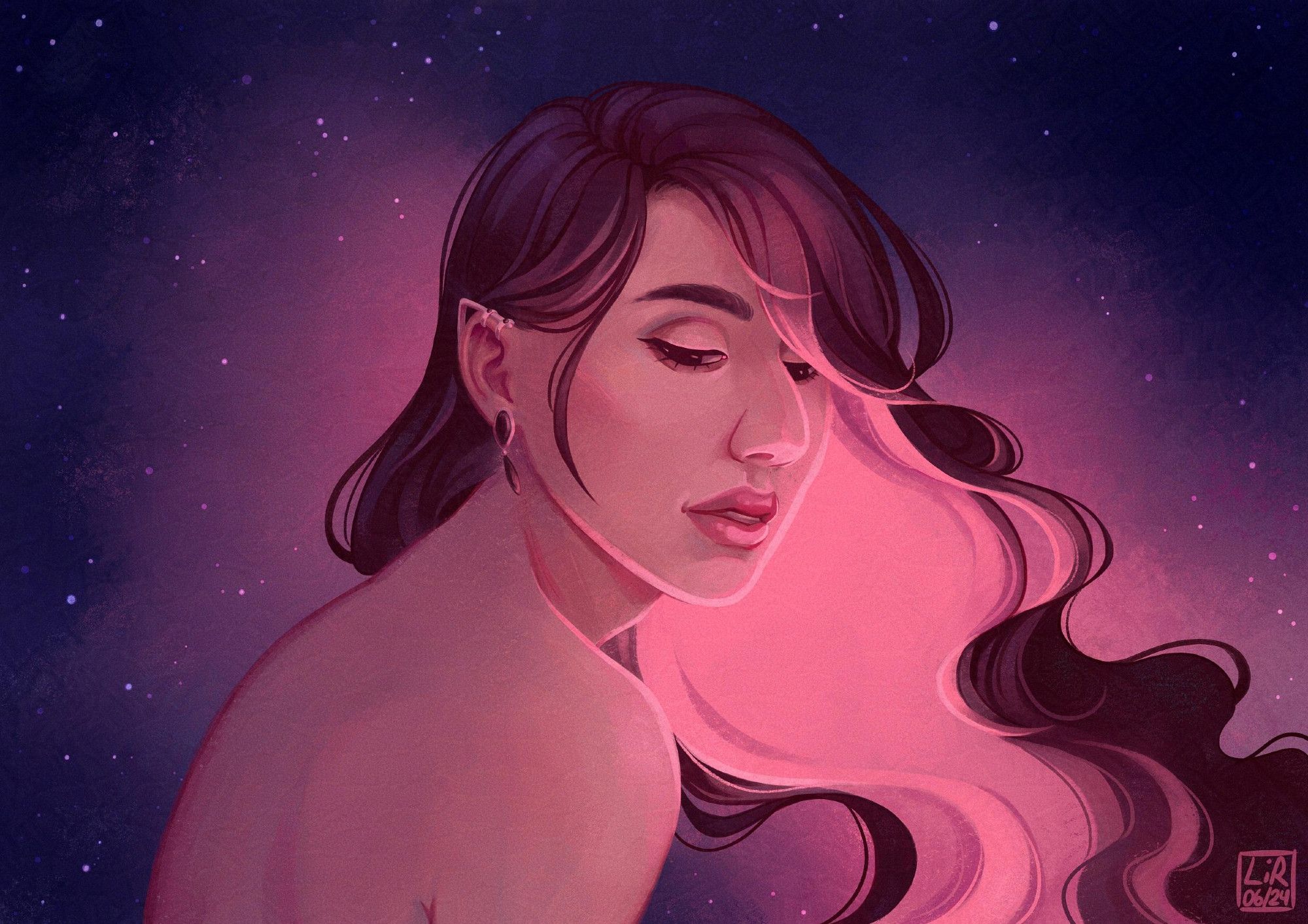 A digital painting of my original character Charis. They have flowing dark hair, dark eyes and a serene expression. They are surrounded by stars and illuminated by soft pink light.