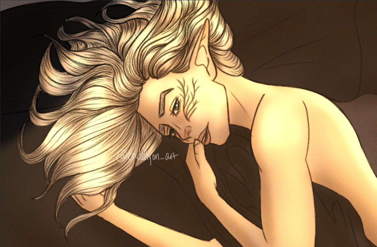 Close up image of an elven woman lying on her side on top of crumpled bedsheets. She is looking sideways at the viewer, one hand tucked under her face and the other hidden under her silver hair that is splayed out over the pillows and sheets.