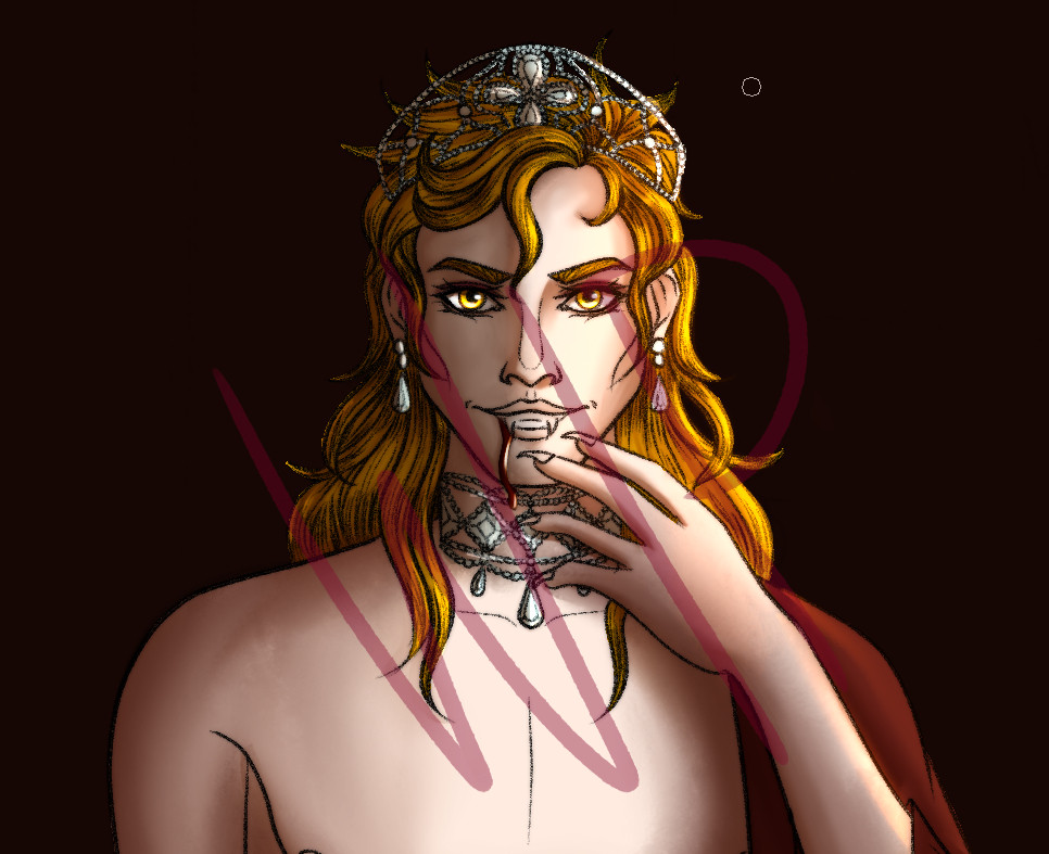 wip of a vampire wearing a jeweled tiara, necklace, and earrings. His hair is long, curly, and blonde, and his eyes are golden. He is grinning with blood trickling down his chin, his hand raised delicately to his lips. 