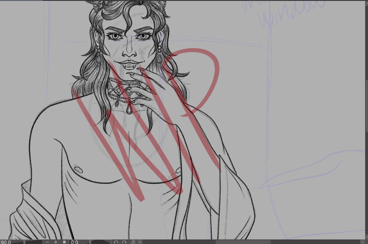 Close up of a digital art work in progress, with a rough sketch lightly shown under finished clean line art of a man with long curly hair, wearing a fancy choker necklace and matching earrings. He is wearing nothing but a robe, leaving his chest bare and one hand delicately raised to his grinning and fanged mouth.