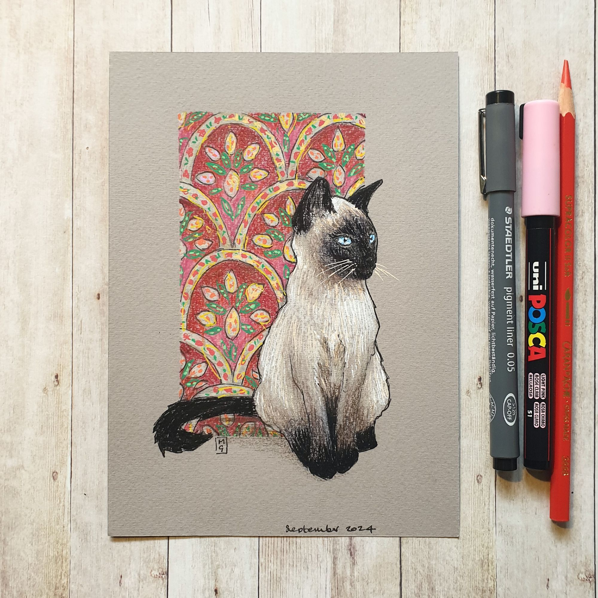 Original drawing - Siamese Cat
A drawing of a Siamese cat with a decorative background.
Materials: colour pencil, mixed media, acid free grey pastel paper
Width: 5 inches
Height: 7 inches