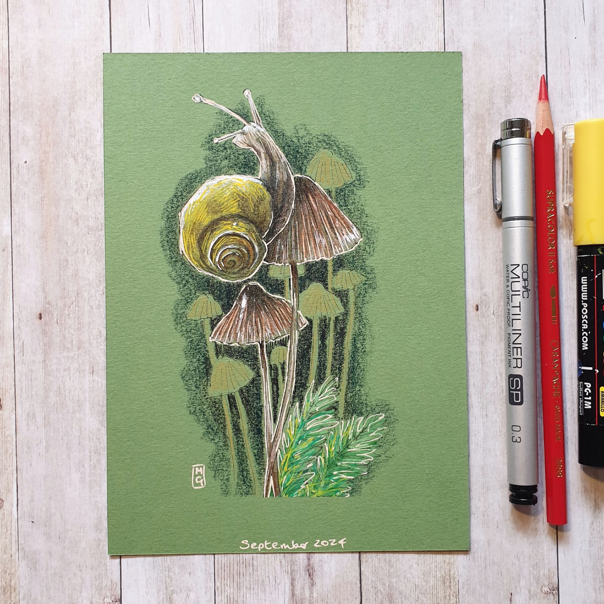 Original drawing - Snail Sitting on a Mushroom
A colour drawing of a snail sitting on a mushroom.
Materials: colour pencil, mixed media, acid free green pastel paper
Width: 5 inches
Height: 7 inches