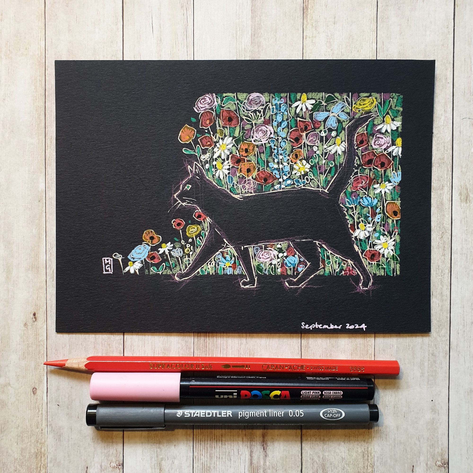 Original drawing - Black Cat
A drawing of a black cat with a background of flowers.
Materials: colour pencil, mixed media, acid free black artist paper
Width: 7 inches
Height: 5 inches