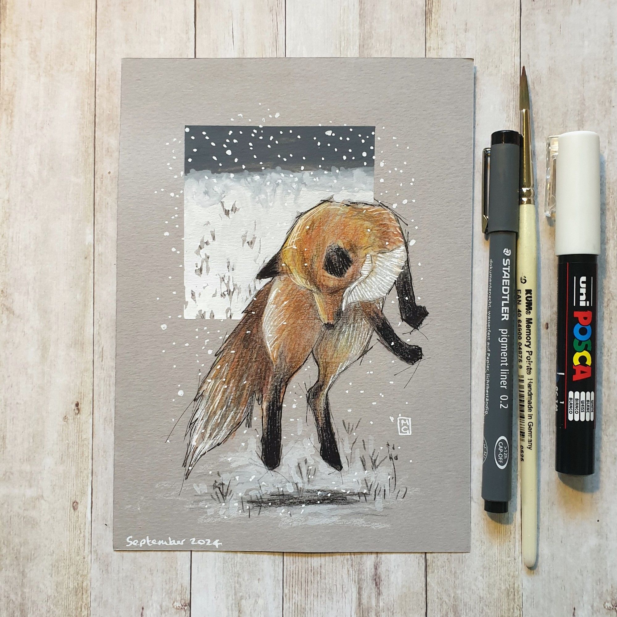 Original drawing - Red Fox Jumping in the Snow
A mixed media drawing of a red fox jumping in the snow with a little winter landscape in the background.
Materials: colour pencil, mixed media, acid free light grey pastel paper
Width: 5 inches
Height: 7 inches