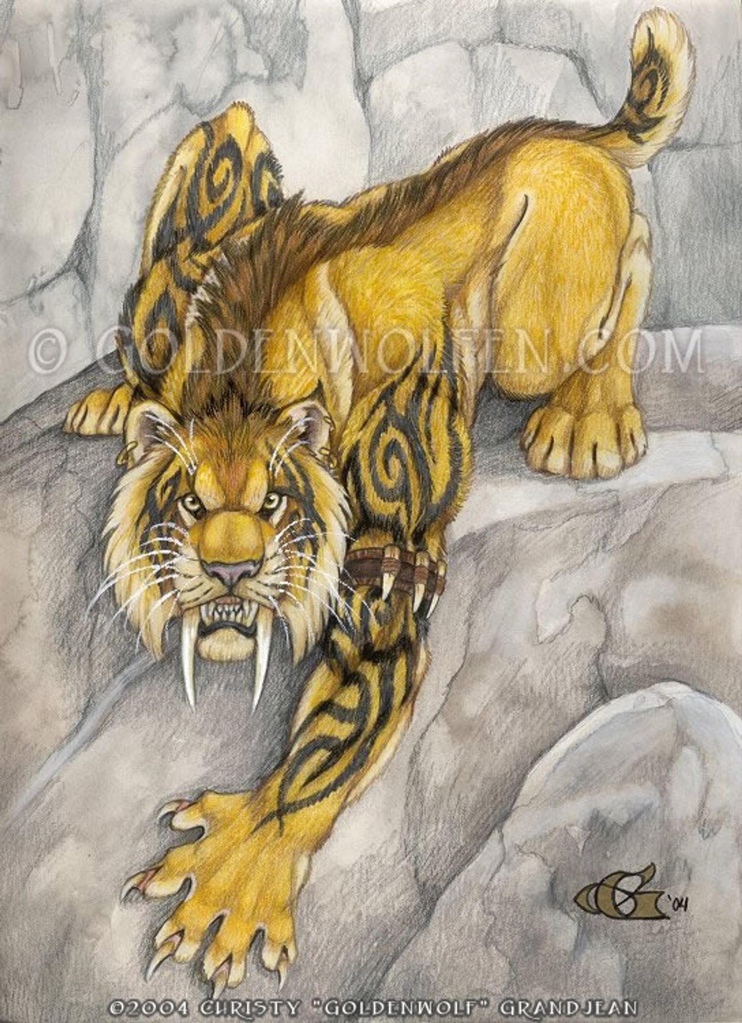 artwork of an anthropomorphic sabertooth cat with tribal tattoos