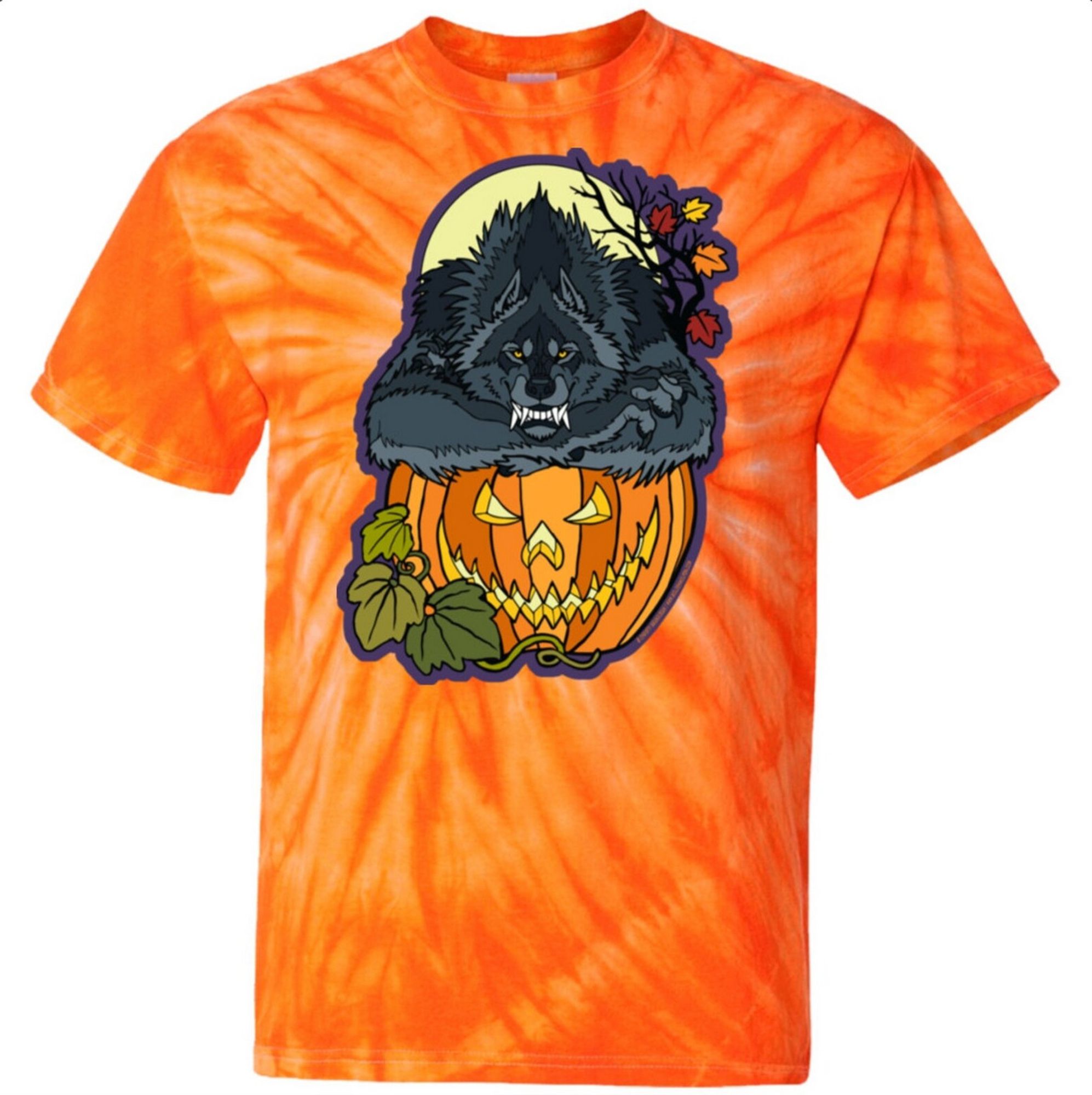 Photo of an orange tie dye tshirt with a werewolf and jack-o-lantern on it