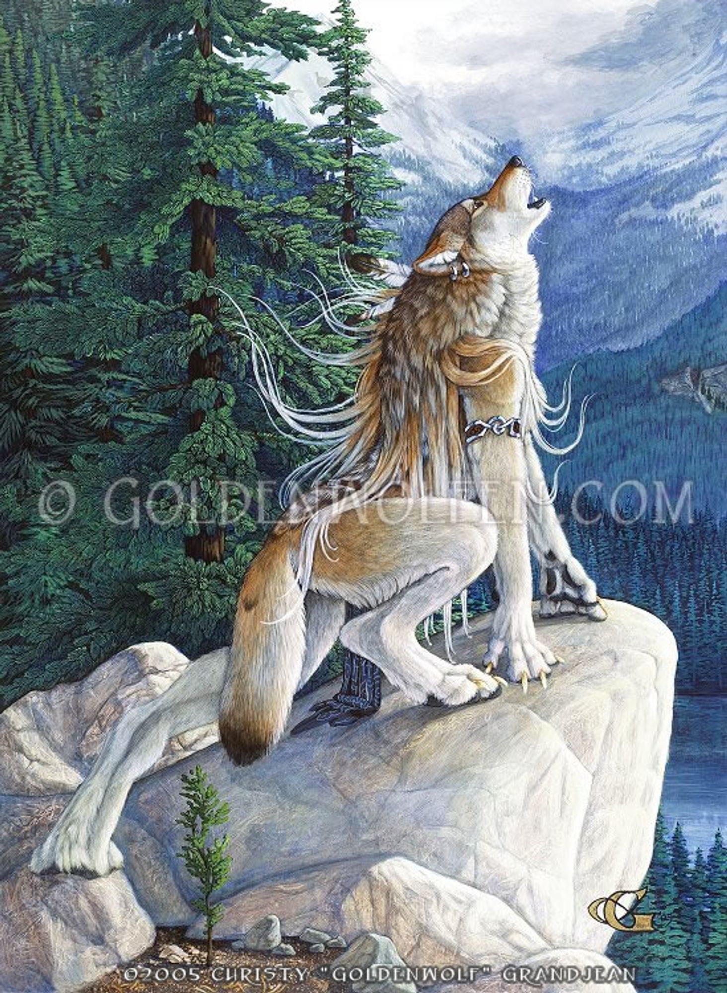 Acrylic painting of a howling anthro wolf overlooking mountains and a lake