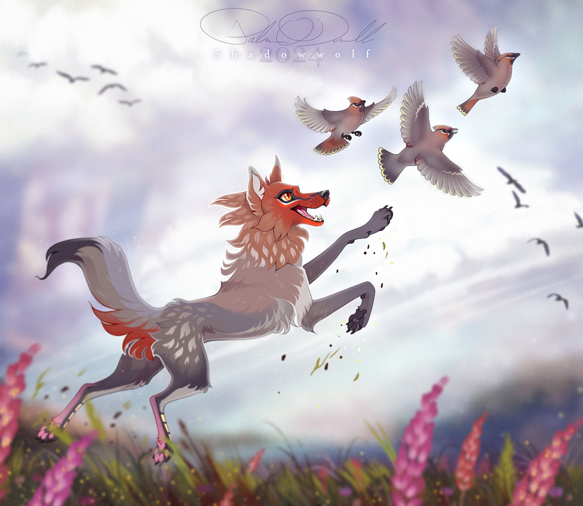 A digital painting featuring a feral canine wolf fox creature running through a field of wildflowers. He is chasing some waxwing birds. The background is a cloudy sky, reminiscent of one that has freshly rained. Birds fly in the distance. The canine resembles a waxwing in markings and color.