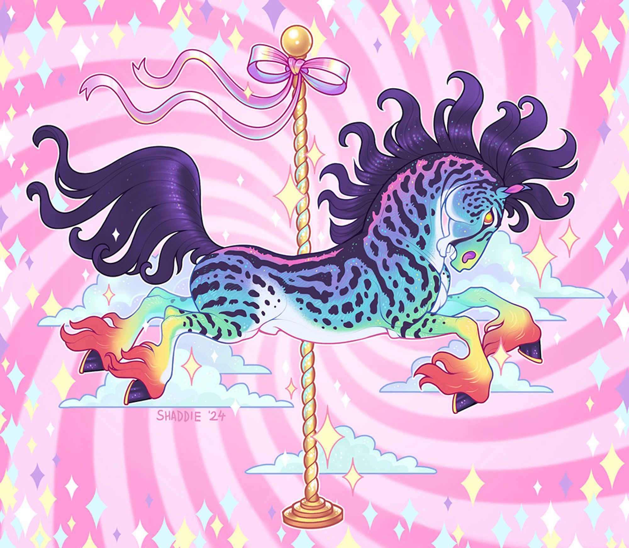 A wild, feral, rainbow colored horse in the style of a carousel statue. The horse has a kind of king cheetah pattern, but he is pink, purple, blue, green, yellow, and orange. He has orange glowing eyes, and a wild purple mane and tail.