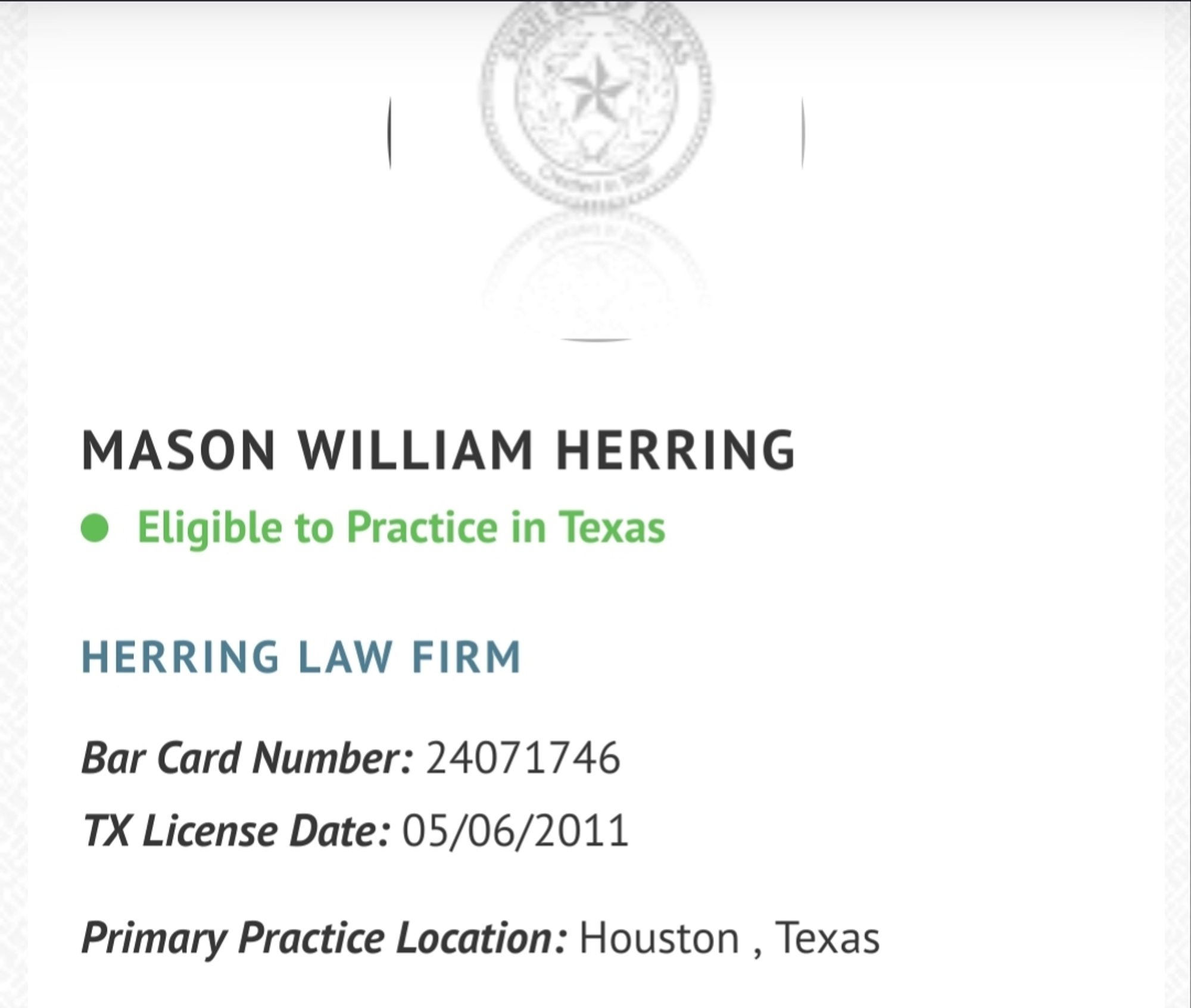 Screenshot of Texas bar directory showing Mason Herring's license remains in good standing