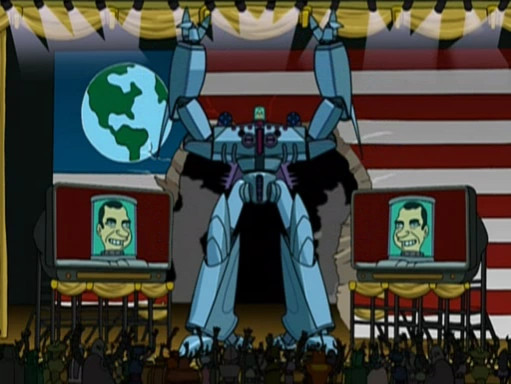 Nixon's head in a jar controlling a giant mecha robot suit as he is re-elected President on Futurama