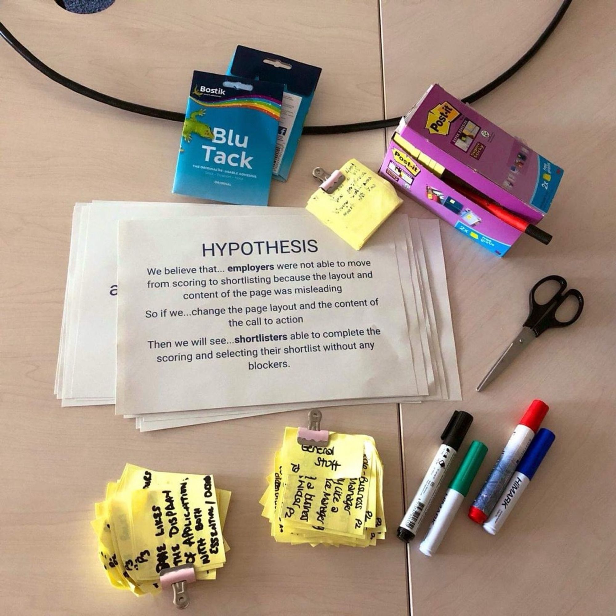 Table with stack of sticky notes, blue tac, whiteboard pens and printed out hypotheses on it